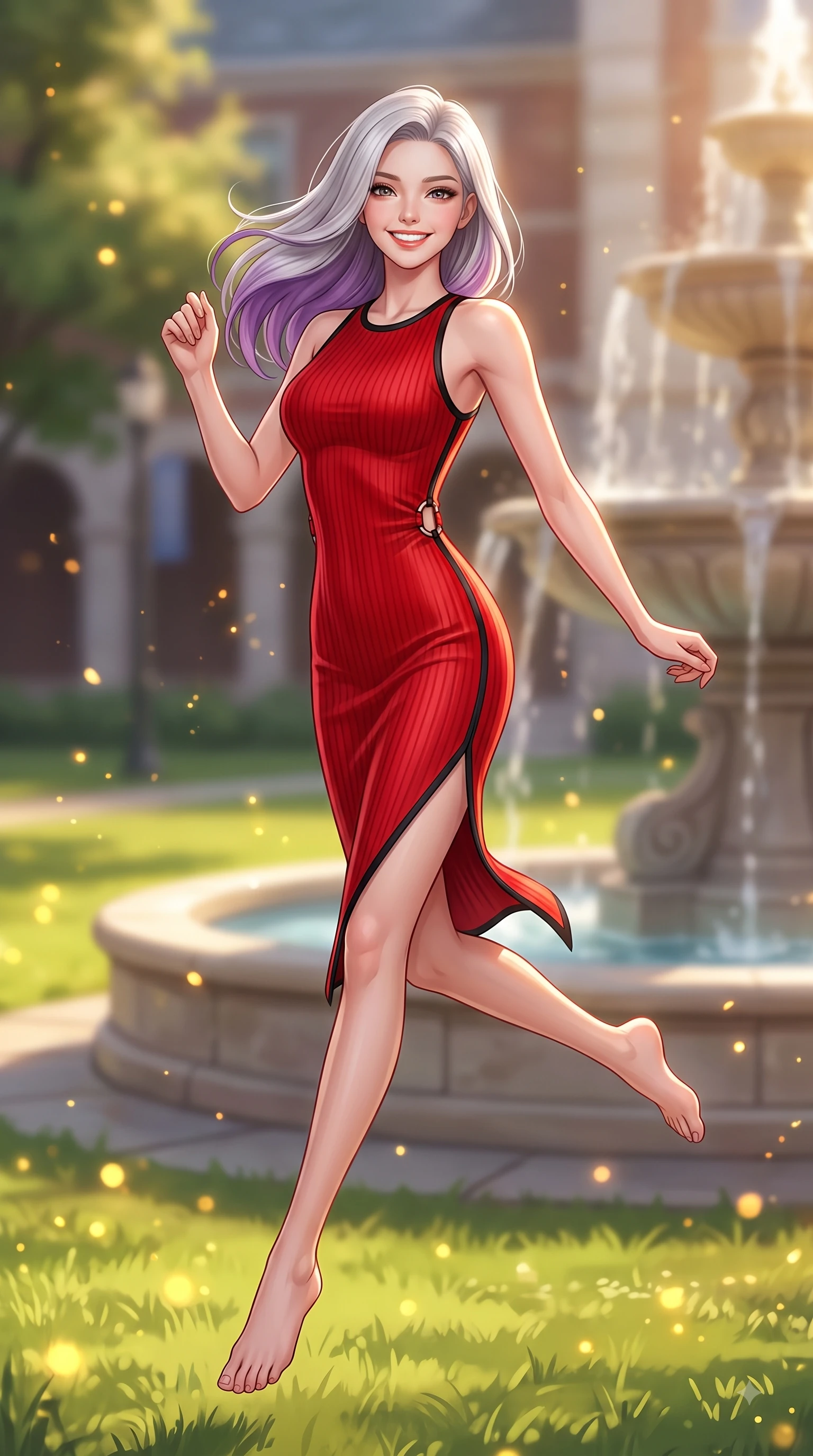 score_9, masterpiece, best quality, ultra-detailed, high-budget anime keyframe, editorial fashion photography, tasteful artistic composition, Caucasian woman. low angle full-body shot from head to toe showing her feet, filling the entire 9:16 vertical frame with her statuesque presence, stretching her vertical silhouette. leaping with pure youthful energy through the scene with a radiant bright smile, her long slender legs balanced gracefully while resting near a grand campus stone fountain with a sweet, radiant expression in her eyes. The composition keeps background elements in soft focus with dreamy bokeh. lush quad lawns scattering golden sun motes into a smooth, dreamy backdrop. She has an absolutely perfect, statuesque 8.5-heads proportion, an exceptionally tall and slender model-like female figure with impossibly long slender legs and an ultra-slim waist. sharp v-shaped jawline, high-bridge nose, intricate jewel-like eyes with depth, thick eyelashes, glossy lips with a natural sheen, flawlessly proportioned anatomical accuracy, natural body alignment, perfectly sculpted elegant limbs, clean dynamic posture without body distortion. wearing a form-fitting ribbed knit midi dress with a tasteful side leg slit in vibrant scarlet red and sleek black trim, made of lustrous stretch velvet, accented with subtle metallic ring hardware framing her waist, the form-contouring material highlighting her ultra-slim waist and long lines. surrounded by an uplifting, fresh, and youthful academic ambiance. highly saturated vibrant anime colors, detailed shading with soft gradients, rich glossy textures, high-contrast stereoscopic depth, volumetric dynamic lighting, master piece, 9:16 ratio