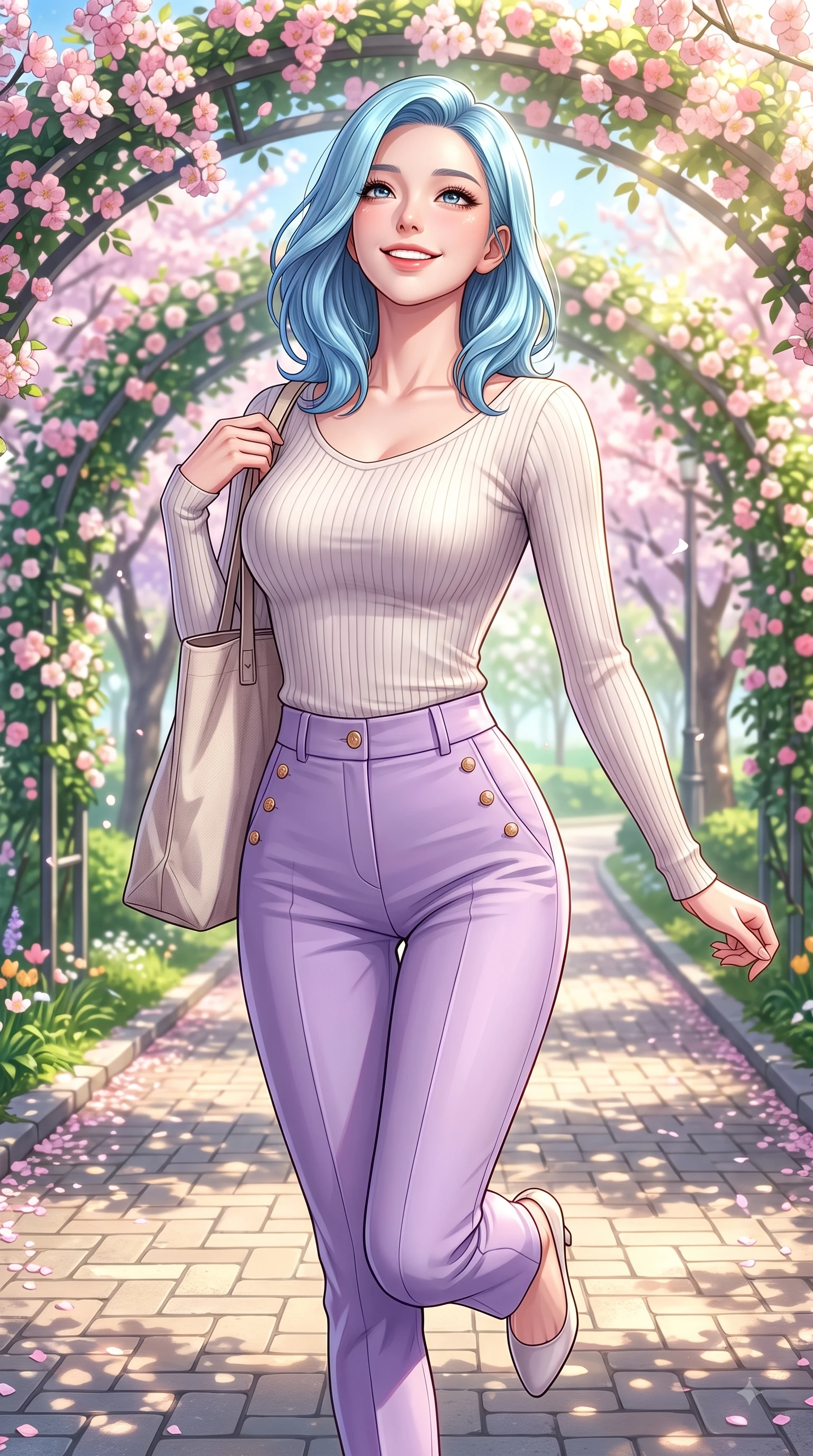 score_9, masterpiece, best quality, ultra-detailed, high-budget anime keyframe, editorial fashion photography, tasteful artistic composition, Korean woman. close-up cowboy shot from the waist and thighs up, the character dominates the composition, filling the frame with her large presence. Tilting her chin up with a sweet beaming smile of pure delight while balancing dynamically amidst the scene while stepping along a paved park trail carrying a tote bag with fresh youthful charm. The surrounding environment is rendered in vivid detail and crisp panoramic clarity. vibrant spring sunlight scattering through blooming flower arches with high clarity. She has an exceptionally elegant, slender, and willowy female figure with an ultra-slim waist, a gracefully sculpted slender torso, and a refined silhouette. sharp v-shaped jawline, high-bridge nose, intricate jewel-like eyes with depth, thick eyelashes, glossy lips with a natural sheen, flawlessly proportioned anatomical accuracy, natural body alignment, perfectly sculpted elegant limbs, clean dynamic posture without body distortion. wearing a form-contouring ribbed knit top paired with high-waisted tailored stretch trousers in soft lavender violet and pearl white, made of premium stretch jersey that follows her curves like a glove, adorned with delicate gold buttons along the front, the elegant draped fit framing her graceful clavicle and slender torso. surrounded by a fresh, sweet, and nostalgic spring park atmosphere. highly saturated vibrant anime colors, detailed shading with soft gradients, rich glossy textures, high-contrast stereoscopic depth, volumetric dynamic lighting, master piece, 9:16 ratio
