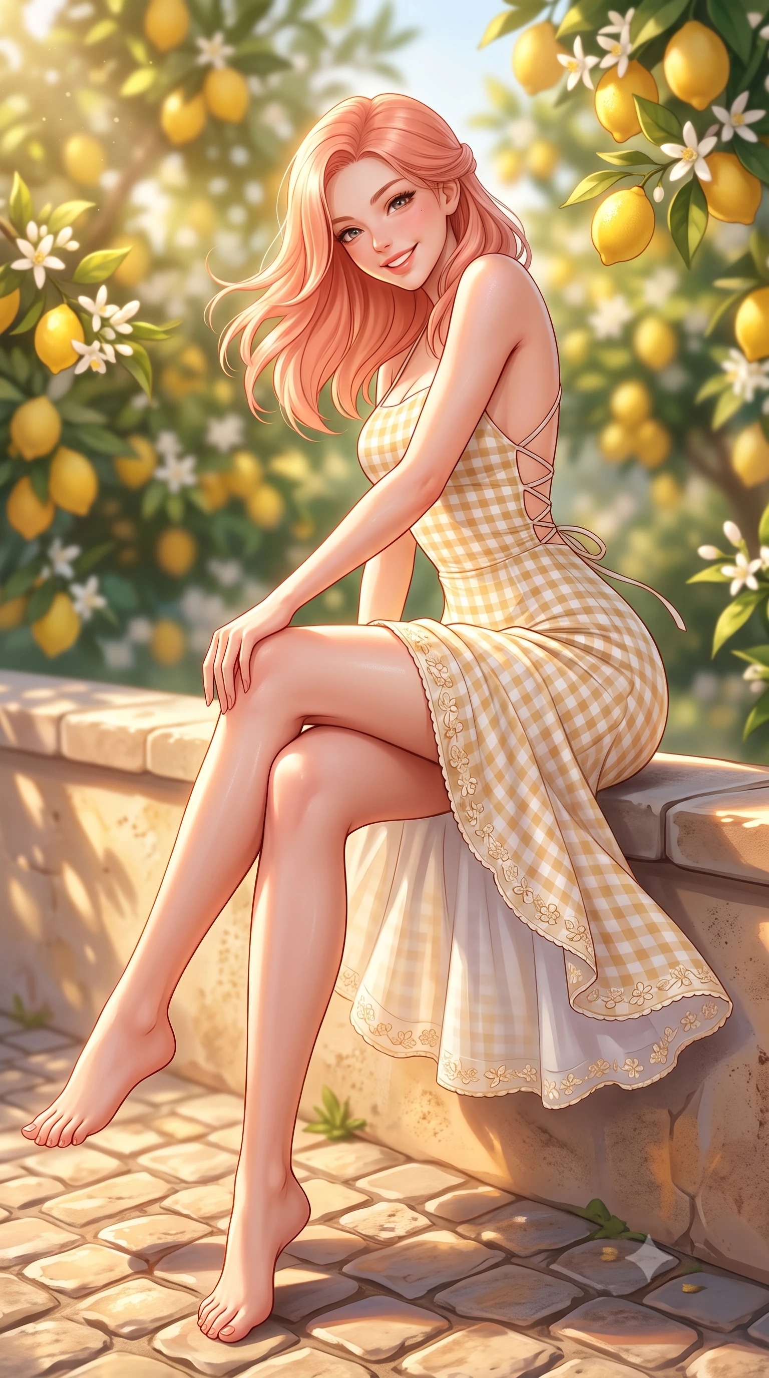 score_9, masterpiece, best quality, ultra-detailed, high-budget anime keyframe, semi-realistic 3D game render, editorial fashion photography, tasteful artistic composition, Japanese woman. low angle full-body shot from head to toe showing her feet, filling the entire 9:16 vertical frame with her statuesque presence, stretching her vertical silhouette. sitting perched on the elevated edge with legs crossed and hips angled toward the camera, displaying her toned midriff and long slender limbs with a joyful, coquettish smile while standing poised on the sun-dappled cobblestone terrace, twisting her slender torso in an alluring contrapposto stance in the warm sea breeze. The composition keeps background elements in soft focus with dreamy creamy bokeh. clustering yellow lemons and fragrant white blossoms softened in romantic Italian shallow focus. She has an exceptionally tall and slender model-like 8.5-heads proportion, an ultra-slim waist, a flat toned midriff, narrow delicate ribcage, and beautifully sculpted feminine hips creating a graceful, slim hourglass silhouette without any bulky heaviness, with impossibly long slender legs. sharp v-shaped jawline, high-bridge nose, intricate jewel-like sparkling eyes with depth, thick eyelashes, glossy parted lips with a natural peach sheen, bright cheerful beaming smile with an enchanting and coquettish sensual glint, exuding both youthful cute charm and seductive allure, flawlessly proportioned anatomical accuracy, strict slender model proportions, natural body alignment, perfectly sculpted long slender limbs, ultra-slim waistline, clean dynamic posture without body distortion. wearing a backless lace-up gingham sundress with a form-fitting bodice and hip-defining silhouette in pure alabaster white and sun-kissed gold, tailored from fine lightweight chiffon that flutters gently in the breeze, complemented by delicate embroidered floral trim along the hem, the form-contouring cut accentuating her sculpted flat midriff, narrow delicate ribcage, and gracefully curvy hips with supermodel precision. bathed in brilliant Mediterranean golden hour sunlight dappled through lush lemon tree leaves. highly saturated vibrant anime colors, detailed shading with soft gradients, rich glossy textures, high-contrast stereoscopic depth, volumetric dynamic lighting, master piece, 9:16 ratio