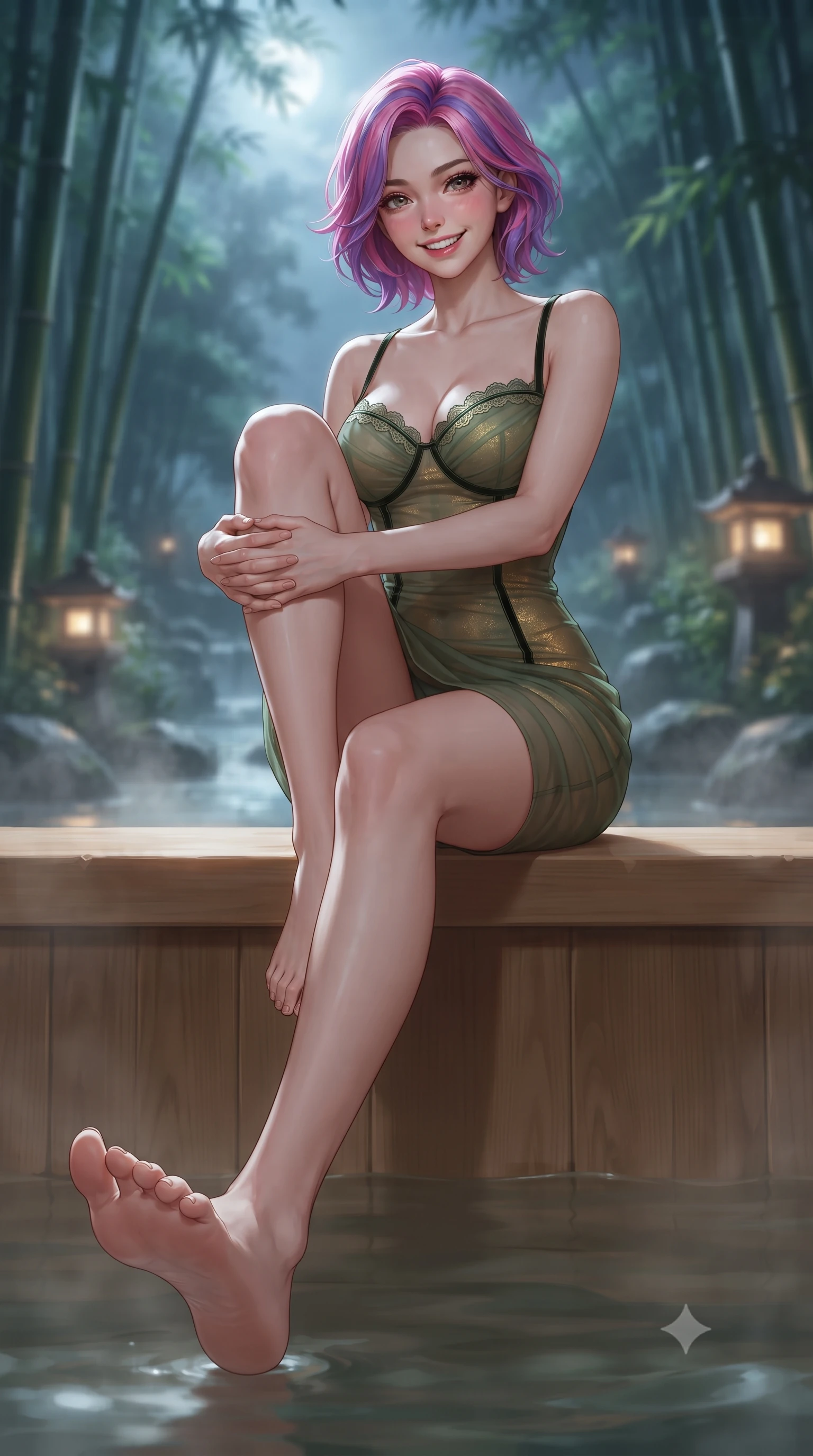 score_9, masterpiece, best quality, ultra-detailed, high-budget anime keyframe, editorial fashion photography, tasteful artistic composition, Caucasian woman. low angle full-body shot from head to toe showing her feet, filling the entire 9:16 vertical frame with her statuesque presence, stretching her vertical silhouette. reclining gracefully across the plush chaise lounge with one leg extended, her sculpted silhouette and flat midriff radiating magnetic nocturnal glamour while sitting perched gracefully on the warm hinoki bath edge with one knee drawn up, her long slender legs and statuesque hourglass silhouette commanding the nocturnal forest view. The background shows a soft-focus whispering Arashiyama bamboo stalks swayed by night breeze, glowing stone toro lanterns, and misty moonlit river gorge blurred into jade, silver, and charcoal bokeh. She has an exceptionally tall and slender model-like 8.5-heads proportion, an ultra-slim waist, a flat toned midriff, narrow delicate ribcage, and beautifully sculpted feminine hips creating a graceful, slim hourglass silhouette without any bulky heaviness, with impossibly long slender legs. sharp v-shaped jawline, high-bridge nose, intricate jewel-like sparkling eyes with depth, thick eyelashes, glossy parted lips with a natural peach sheen, bright cheerful beaming smile with an enchanting and coquettish sensual glint, exuding both youthful cute charm and seductive allure, flawlessly proportioned anatomical accuracy, strict slender model proportions, natural body alignment, perfectly sculpted long slender limbs, ultra-slim waistline, clean dynamic posture without body distortion. wearing a provocative semi-sheer tulle cocktail dress with velvet ribbon piping contouring her narrow waist and hips in Gion antique matcha green and gilded gold leaf, made of fluid liquid jersey with seamless sculpting hold and smooth contours, finished with scalloped eyelash lace trim framing her sweetheart neckline with intimate elegance, the liquid-tight tailored fabric clinging flawlessly to her narrow waist and rounded feminine hips, emphasizing every millimeter of her sculpted slim hourglass curves without any bulky heaviness. bathed in the ethereal cool 4500K silver moonlight filtering through tall bamboo culms mixed with warm 2400K paper lantern glows. ultra-reflective glossy finish, specular highlights, rich textural contrasts, high-contrast stereoscopic depth, volumetric dynamic lighting, 2k, ultra detail, master piece, 9:16 ratio