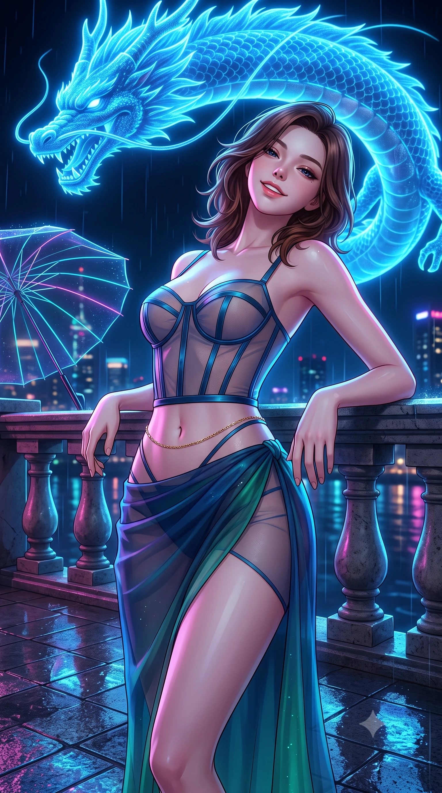 score_9, masterpiece, best quality, ultra-detailed, high-budget anime keyframe, semi-realistic 3D game render, editorial fashion photography, tasteful artistic composition, Korean woman. close-up cowboy shot from the waist and thighs up, the character dominates the composition, filling the frame with her large presence. leaning back against the balustrade with relaxed seductive grace, head tilted back slightly while casting a hypnotic, heavy-lidded gaze while standing poised on the rain-slicked plaza pavers beneath a massive celestial holographic blue dragon, arching her lower back with magnetic anime heroine grace. The surrounding environment is rendered in vivid detail and crisp panoramic clarity: sharp wet granite paver reflections, intricate holographic scales on the floating dragon, and razor-sharp laser umbrella ribs in deep focus. She has an exceptionally elegant, slender, and willowy female figure with an ultra-slim waist, flat toned midriff, narrow ribcage, and sculpted feminine hips creating an alluring, slim hourglass silhouette without bulk. sharp v-shaped jawline, high-bridge nose, intricate jewel-like sparkling eyes with depth, thick eyelashes, glossy parted lips with a natural peach sheen, bright cheerful beaming smile with an enchanting and coquettish sensual glint, exuding both youthful cute charm and seductive allure, flawlessly proportioned anatomical accuracy, strict slender model proportions, natural body alignment, perfectly sculpted long slender limbs, ultra-slim waistline, clean dynamic posture without body distortion. wearing a provocative translucent mesh corset bodice with boned satin channels paired with a sheer chiffon wrap skirt in abyssal ocean sapphire and bioluminescent emerald, featuring strategic sheer-illusion tulle side panels framing her ribcage and hips, accented with a dainty gold belly chain resting across her flat midriff and curving hips, the impeccably tailored cut draping gracefully along her slender figure with aristocratic poise. bathed in the glowing azure radiance of the monumental holographic dragon mixed with neon street reflections. highly saturated vibrant anime colors, detailed shading with soft gradients, rich glossy textures, high-contrast stereoscopic depth, volumetric dynamic lighting, master piece, 9:16 ratio