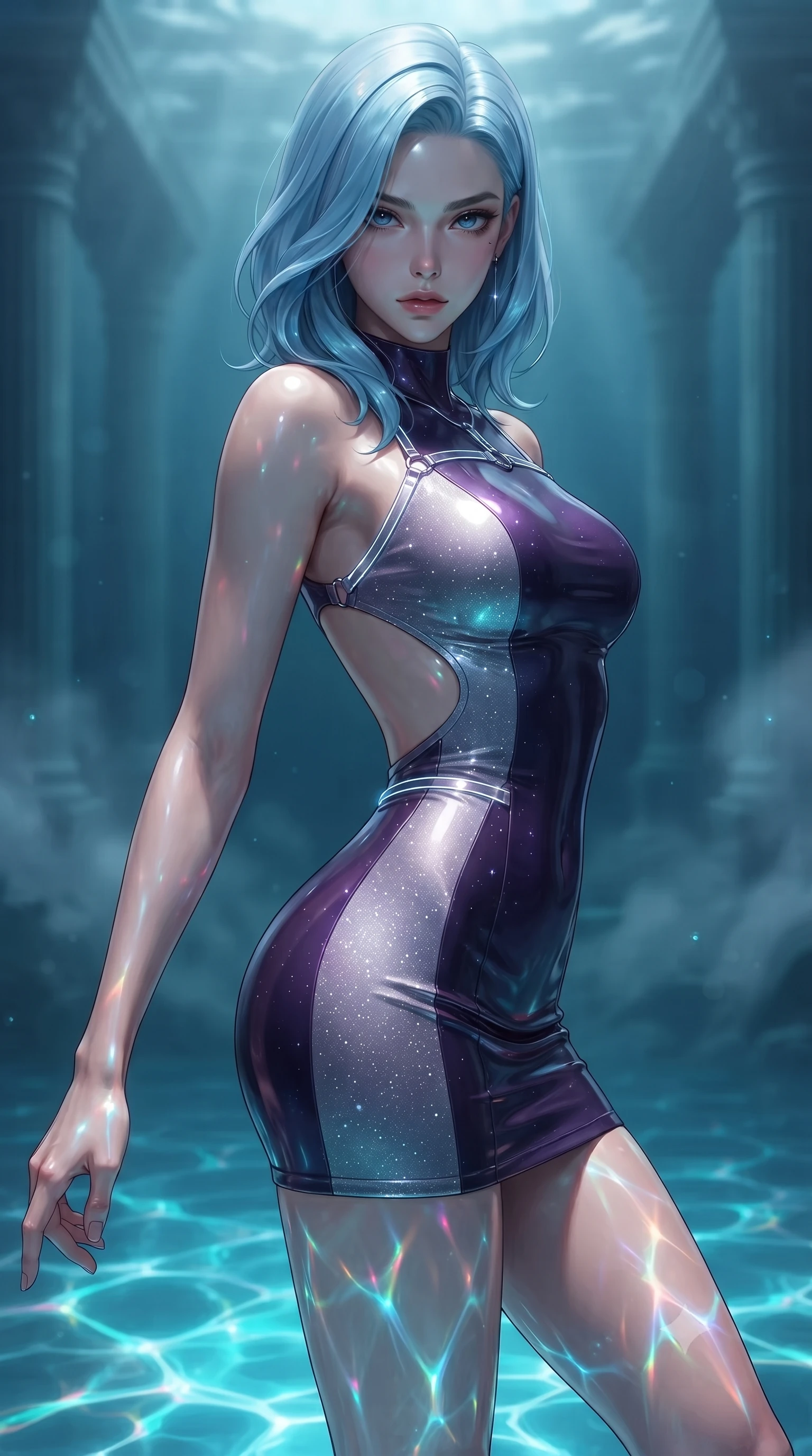 score_9, masterpiece, best quality, ultra-detailed, high-budget anime keyframe, editorial fashion photography, tasteful artistic composition, Korean woman. close-up cowboy shot from the waist and thighs up, the character dominates the composition, filling the frame with her large presence. gazing directly into the lens with bedroom eyes and a breathtaking, dangerous allure that commands the entire composition while stretching forward with an alluring S-curve silhouette as deep ocean caustics illuminate her torso. The composition keeps background elements in soft focus with creamy bokeh. distant submerged temple columns and underwater mist softened in smooth atmospheric depth of field. She has an exceptionally elegant, slender, and willowy female figure with an ultra-slim waist, a gracefully sculpted slender torso, and a refined silhouette. sharp v-shaped jawline, high-bridge nose, intricate jewel-like eyes with depth, thick eyelashes, glossy lips with a natural sheen, flawlessly proportioned anatomical accuracy, natural body alignment, perfectly sculpted elegant limbs, clean dynamic posture without body distortion. wearing a second-skin fashion-latex mini dress with a clean architectural front, featuring an open-back design that wraps around the sides of her waist, showcasing her slender silhouette in dark amethyst purple and shimmering starlight silver, tailored from semi-translucent cybernetic vinyl with glowing micro-filaments, reinforced by a sleek metallic chrome harness and delicate glowing micro-straps, the form-contouring second-skin material highlighting her ultra-slim waist and long lines. illuminated by intense cyan caustic ripples from below and cool sapphire ambient shadow. ultra-reflective glossy finish, specular highlights, metallic sheen, high-contrast stereoscopic depth, volumetric dynamic lighting, 2k, ultra detail, master piece, 9:16 ratio