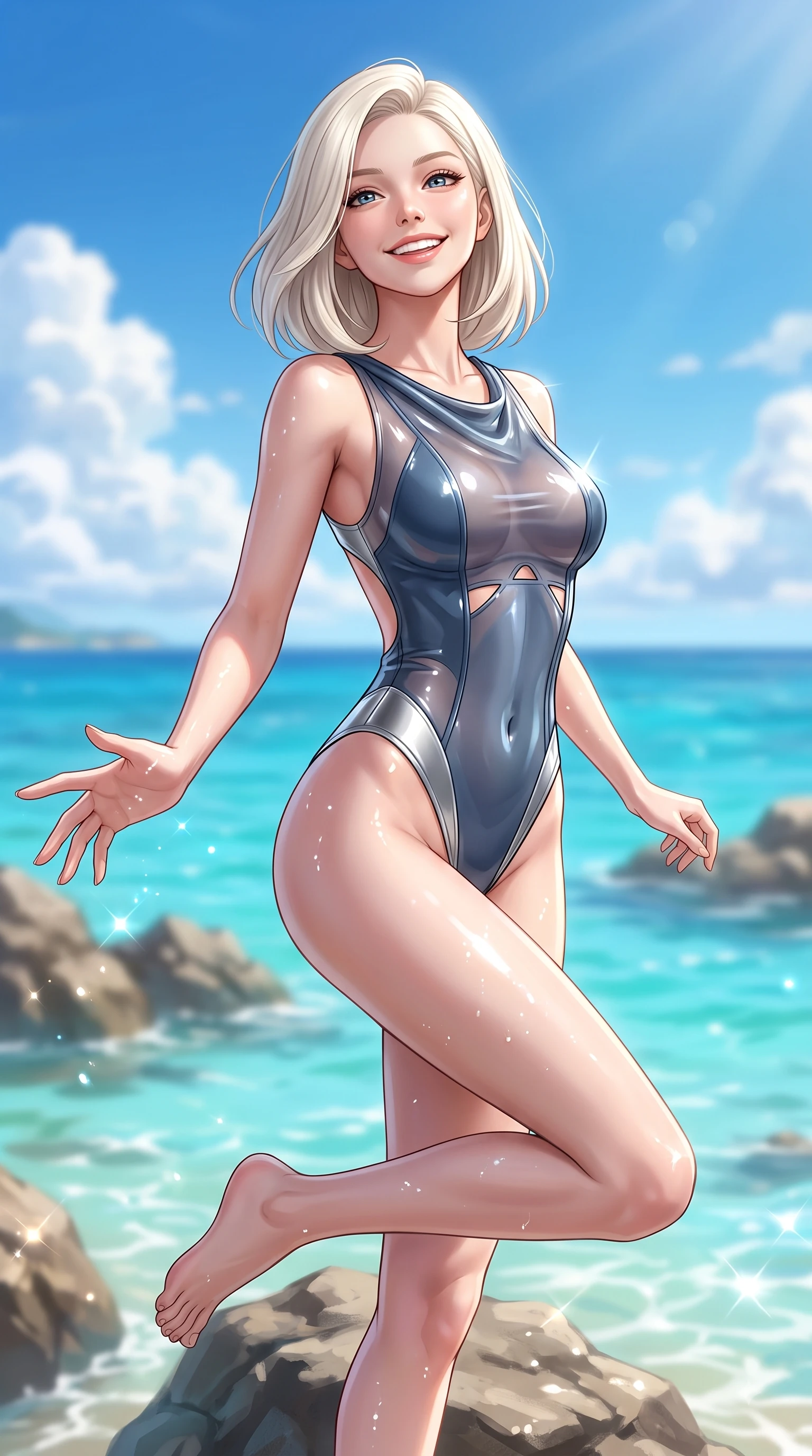 score_9, masterpiece, best quality, ultra-detailed, high-budget anime keyframe, editorial fashion photography, tasteful artistic composition, Caucasian woman. close-up cowboy shot from the waist and thighs up, the character dominates the composition, filling the frame with her large presence, background elements kept in soft focus. Tilting her chin up with a sweet beaming smile of pure delight while balancing dynamically amidst the scene while reaching out cheerfully to feel the fresh ocean breeze while smiling happily at the sea, clear blue sky with soft white fluffy cumulus clouds adding vacation joy. She has an exceptionally elegant, slender, and willowy female figure with an ultra-slim waist, a gracefully sculpted slender torso, and a refined silhouette. sharp v-shaped jawline, high-bridge nose, intricate jewel-like eyes with depth, thick eyelashes, glossy lips with a natural sheen, flawlessly proportioned anatomical accuracy, natural body alignment, perfectly sculpted elegant limbs, clean dynamic posture without body distortion. wearing a high-cut translucent vinyl leotard with front paneling and open back in slate blue and metallic silver, formed from sleek second-skin neoprene, featuring subtle geometric cutouts that highlight her ultra-slim midriff, the elegant draped fit framing her graceful clavicle and slender torso. bathed in bright sunny tropical sunbeams and sparkling turquoise sea refractions. highly saturated vibrant anime colors, detailed shading with soft gradients, rich glossy textures, high-contrast stereoscopic depth, volumetric dynamic lighting, master piece, 9:16 ratio
