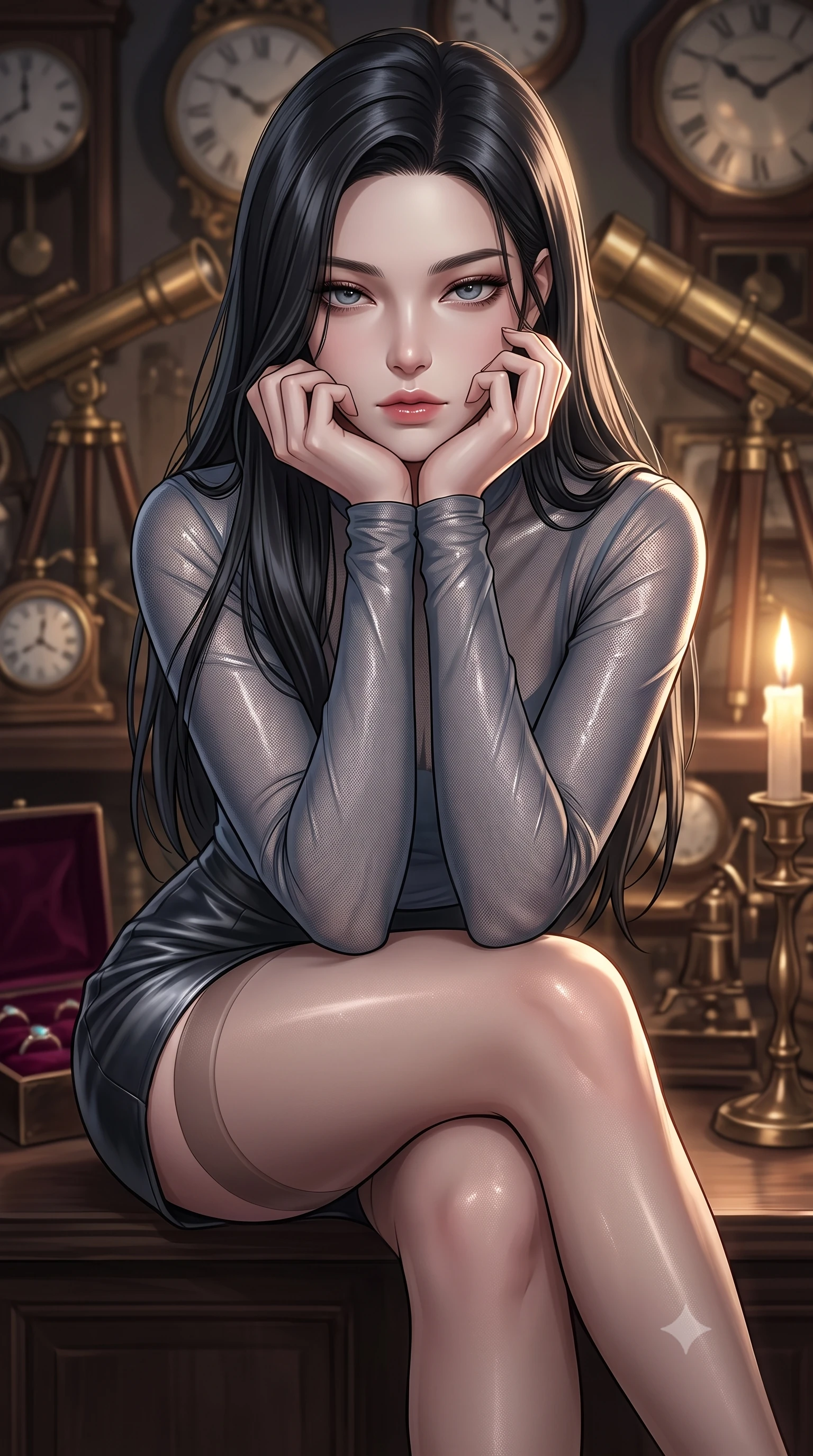 score_9, masterpiece, best quality, ultra-detailed, high-budget anime keyframe, editorial fashion photography, tasteful artistic composition, Korean woman. close-up cowboy shot from the waist and thighs up, the character dominates the composition, filling the frame with her large presence, background elements kept in soft focus. resting her chin on the backs of her fingers, casting a heavy-lidded, sultry look past the camera the background shows a soft-focus an antique shop corner filled with vintage clocks, telescopes, and velvet boxes. She has an exceptionally elegant, slender, and willowy female figure with an ultra-slim waist, a gracefully sculpted slender torso, and a refined silhouette. sharp v-shaped jawline, high-bridge nose, intricate jewel-like eyes with depth, thick eyelashes, glossy lips with a natural sheen. wearing a form-contouring semi-transparent mesh top in slate grey, paired with a leather mini skirt and sheer stockings. warm candlelight casting dramatic shadows on the brass instruments. ultra-reflective glossy finish, specular highlights, metallic sheen, high-contrast stereoscopic depth, volumetric dynamic lighting, 2k, ultra detail, master piece, 9:16 ratio