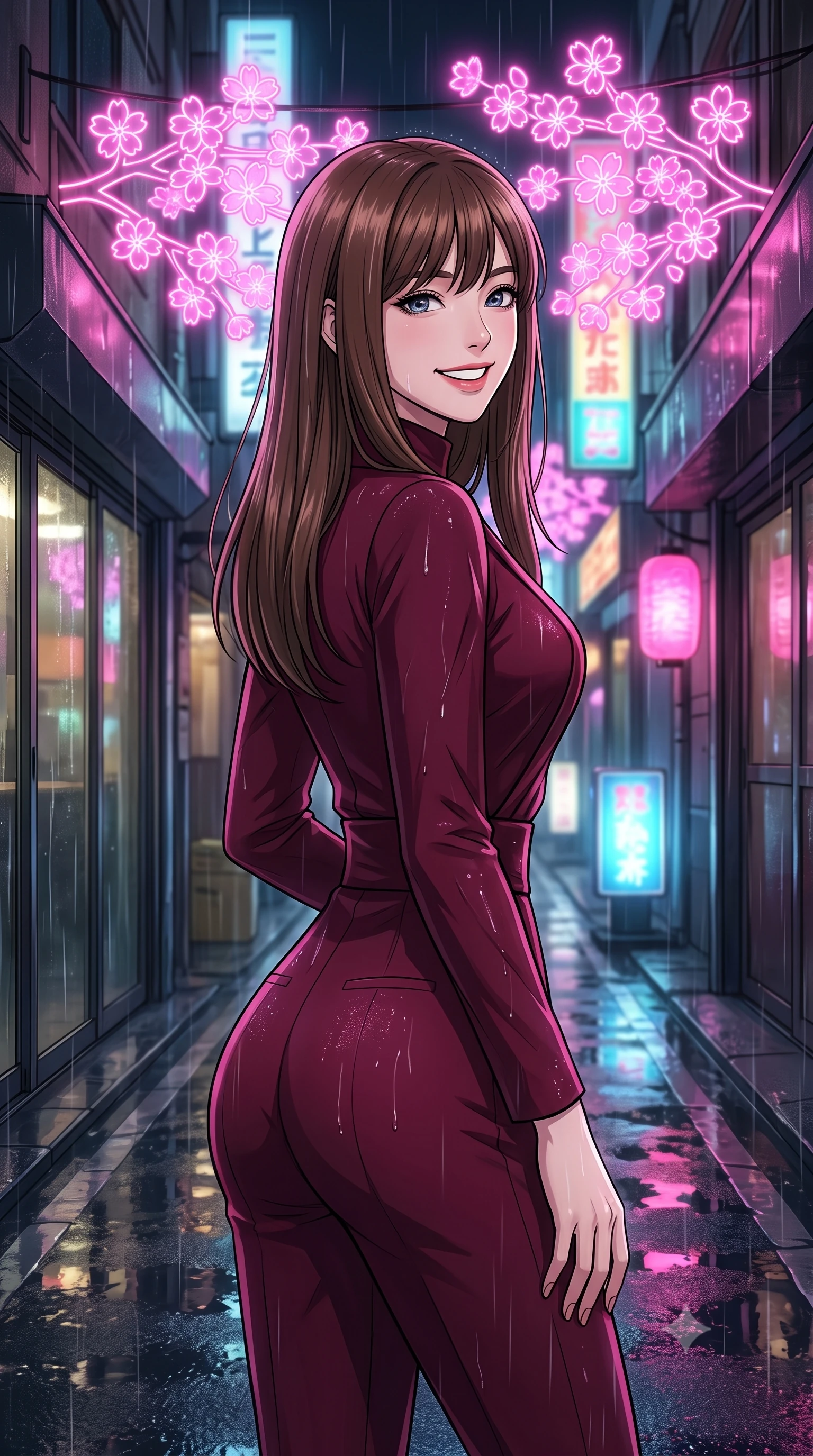 score_9, masterpiece, best quality, ultra-detailed, high-budget anime keyframe, editorial fashion photography, tasteful artistic composition, gorgeous anime illustration, with clean line-art, distinct ink outlines, and high-contrast stereoscopic depth, Korean woman. close-up cowboy shot from the waist and thighs up, the character dominates the composition, filling the frame with her large presence, background elements kept in soft focus. Looking over her shoulder with a bright, welcoming smile and happy eyes. set against a soft-focus background of in a narrow Tokyo-style alleyway at night during a rainstorm, with glowing pink neon cherry blossoms hanging above and wet asphalt below. She has an exceptionally elegant, slender, and willowy female figure with a highly-defined ultra-slim waist, a gracefully sculpted slender torso, and a refined slim-fit silhouette that contours her form. sharp v-shaped jawline, high-bridge nose, intricate jewel-like eyes with depth, thick eyelashes, glossy lips with a natural sheen. wearing a precision-tailored jumpsuit in deep burgundy with a high wrap-front neck, highlighting her slim waist and long legs. vivid pink neon lights reflecting off the wet asphalt and glass windows, highlighting the glossy rain-slicked textures. 2k, ultra detail, master piece, 9:16 ratio, highly saturated vibrant anime colors, detailed cel-shading with soft gradients, rich glossy textures, deep contrast, volumetric dynamic lighting, 2d animation style