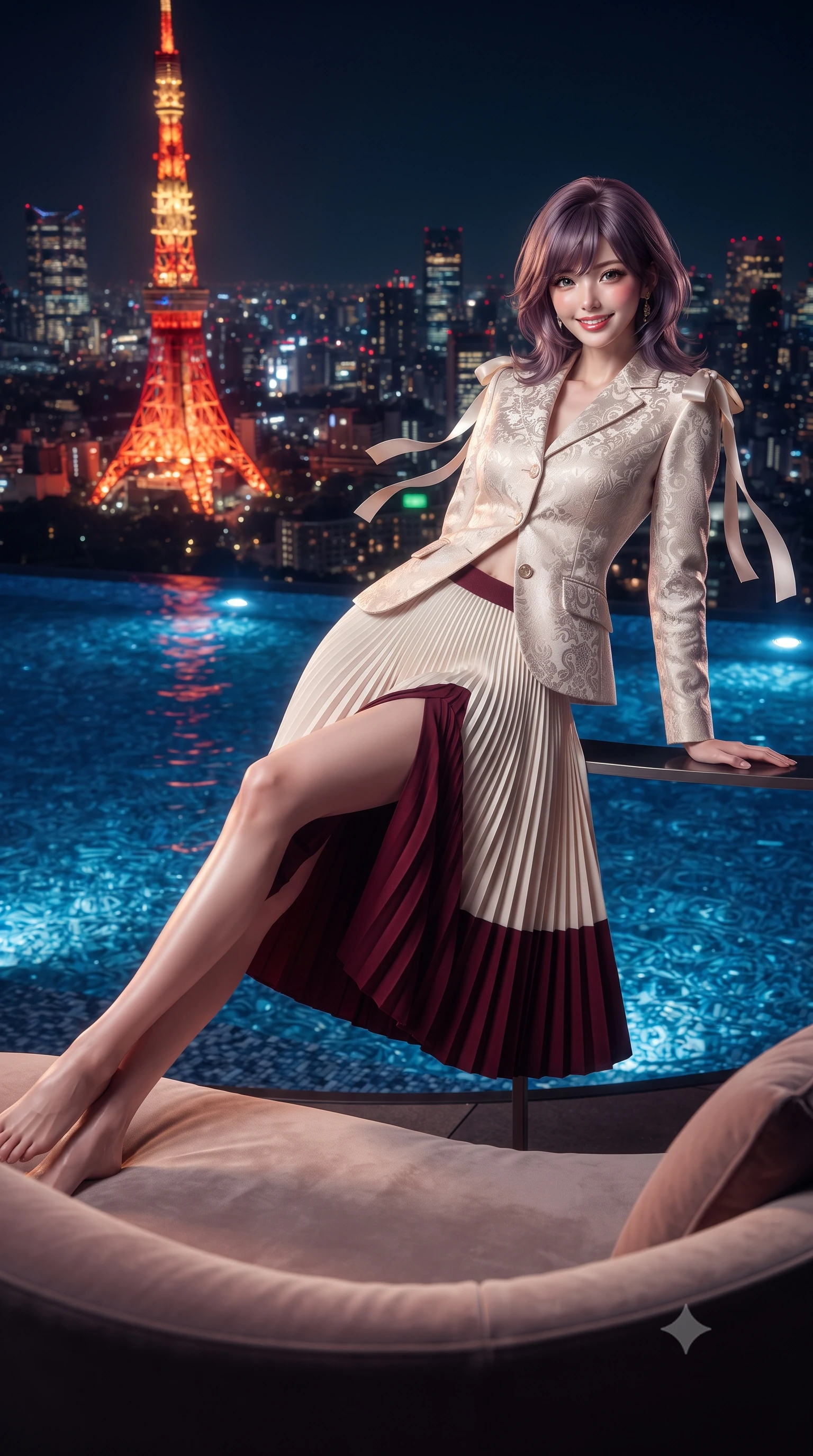 score_9, masterpiece, best quality, ultra-detailed, high-budget anime keyframe, editorial fashion photography, tasteful artistic composition, Japanese woman. low angle full-body shot from head to toe showing her feet, filling the entire 9:16 vertical frame with her statuesque presence, stretching her vertical silhouette. reclining gracefully across the plush chaise lounge with one leg extended, her sculpted silhouette and flat midriff radiating magnetic nocturnal glamour while lounging in the heated water propped on the pool rim with legs extended, her statuesque 8.5-heads silhouette commanding the sprawling urban panorama. The background shows a soft-focus gentle infinity pool ripples softened in billionaire sky penthouse shallow focus. She has an exceptionally tall and slender model-like 8.5-heads proportion, an ultra-slim waist, a flat toned midriff, narrow delicate ribcage, and beautifully sculpted feminine hips creating a graceful, slim hourglass silhouette without any bulky heaviness, with impossibly long slender legs. sharp v-shaped jawline, high-bridge nose, intricate jewel-like sparkling eyes with depth, thick eyelashes, glossy parted lips with a natural peach sheen, bright cheerful beaming smile with an enchanting and coquettish sensual glint, exuding both youthful cute charm and seductive allure, flawlessly proportioned anatomical accuracy, strict slender model proportions, natural body alignment, perfectly sculpted long slender limbs, ultra-slim waistline, clean dynamic posture without body distortion. wearing a structured Seville damask brocade riding jacket paired with an A-line accordion pleated midi skirt in Belvedere ivory pearl and Habsburg bordeaux wine, crafted from bespoke double-faced cashmere with an exceptionally soft tactile finish, finished with satin ribbon ties at the shoulders fluttering in the gentle breeze, the bespoke structured tailoring following the natural line of her 8.5-heads silhouette with refined elegance. bathed in the dynamic warm glow of Tokyo Tower combined with underwater pool sapphire LEDs and warm 2800K deck spotlights. ultra-reflective glossy finish, specular highlights, rich textural contrasts, high-contrast stereoscopic depth, volumetric dynamic lighting, 2k, ultra detail, master piece, 9:16 ratio