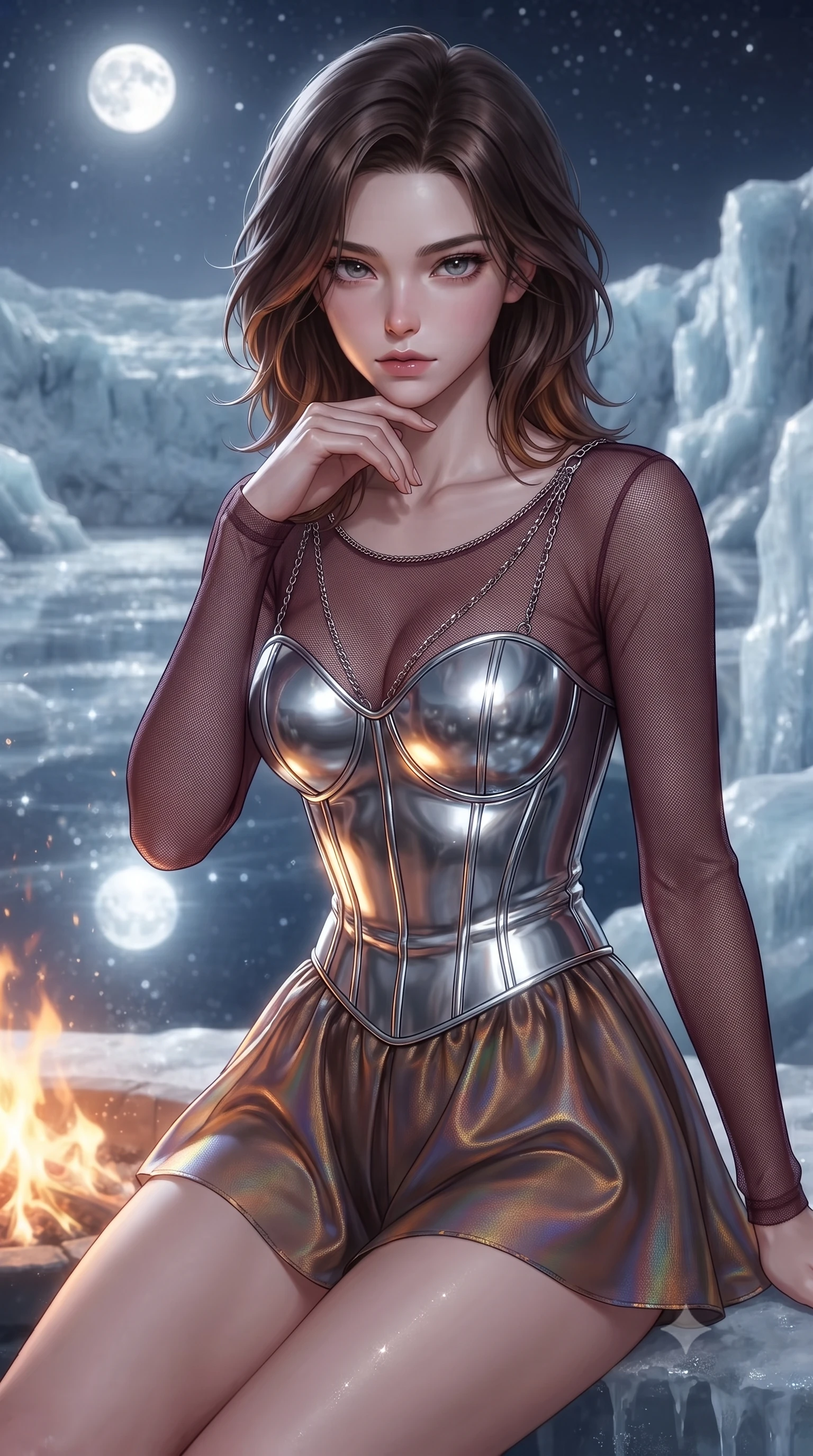 score_9, masterpiece, best quality, ultra-detailed, high-budget anime keyframe, editorial fashion photography, tasteful artistic composition, Korean woman. close-up cowboy shot from the waist and thighs up, the character dominates the composition, filling the frame with her large presence, background elements kept in soft focus. Resting her chin on the backs of her fingers, casting a sharp, mysterious gaze poised on a frost-carved terrace overlooking a vast glittering glacier at midnight, clear glacial ice reflecting the radiant full moon and starlight like a mirror. She has an exceptionally elegant, slender, and willowy female figure with an ultra-slim waist, a gracefully sculpted slender torso, and a refined silhouette. sharp v-shaped jawline, high-bridge nose, intricate jewel-like eyes with depth, thick eyelashes, glossy lips with a natural sheen. wearing a chrome-plated structured bodice worn over a sheer mesh top and micro-shorts in deep burgundy and bronze, crafted from iridescent chiffon that shifts colors in the light, adorned with delicate metallic chain straps along the neckline, the elegant draped fit framing her graceful clavicle and slender torso. illuminated by warm golden hearth fire contrasting against icy silver highlights. ultra-reflective glossy finish, specular highlights, metallic sheen, high-contrast stereoscopic depth, volumetric dynamic lighting, 2k, ultra detail, master piece, 9:16 ratio