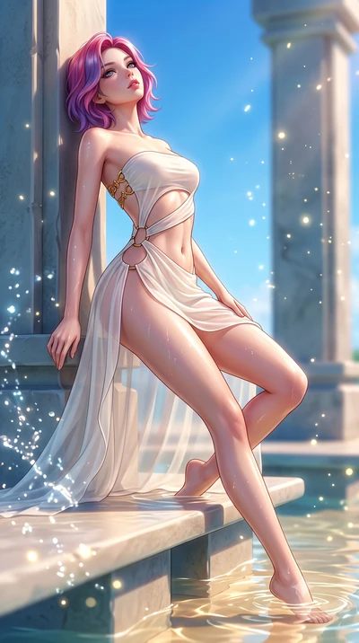 score_9, masterpiece, best quality, ultra-detailed, high-budget anime keyframe, semi-realistic 3D game render, editorial fashion photography, tasteful artistic composition, Caucasian woman. low angle full-body shot from head to toe showing her feet, 