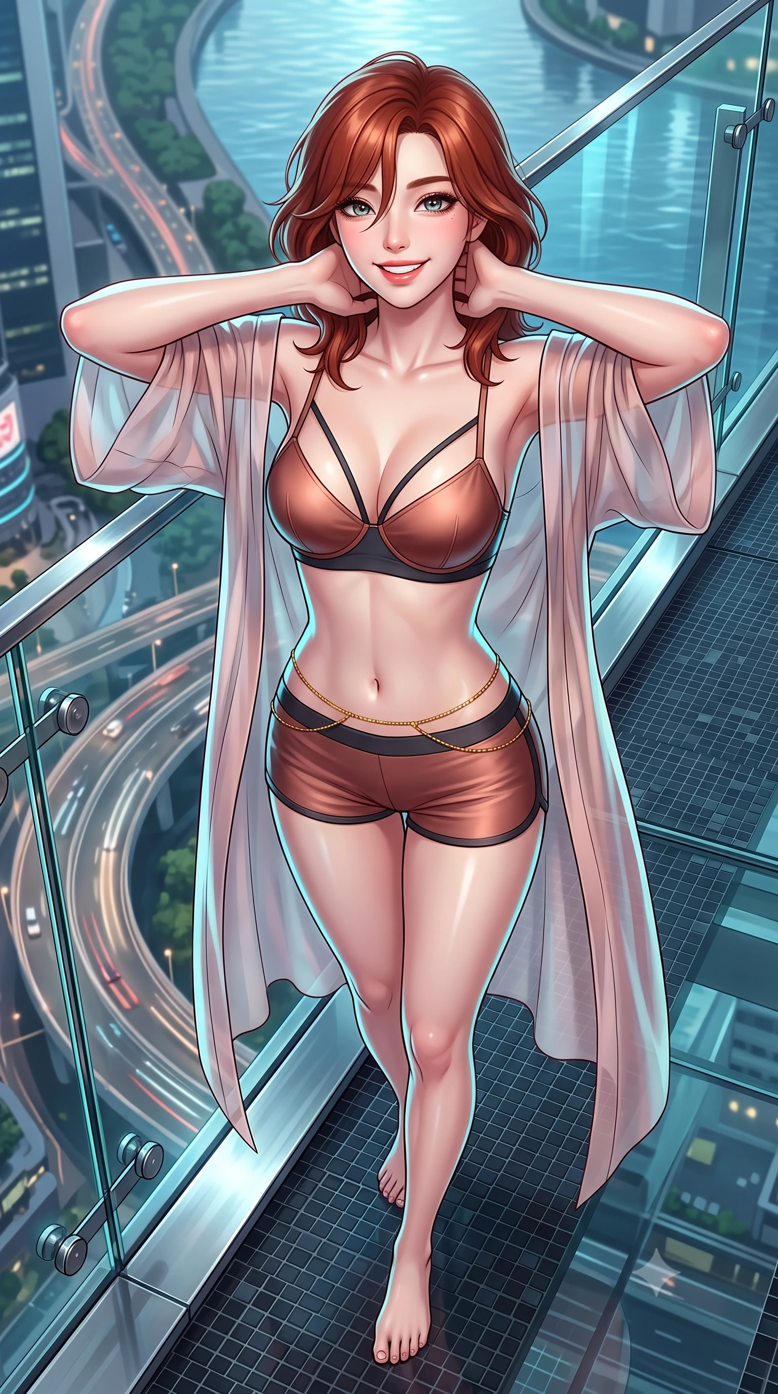 score_9, masterpiece, best quality, ultra-detailed, high-budget anime keyframe, semi-realistic 3D game render, editorial fashion photography, tasteful artistic composition, Korean woman. close-up cowboy shot from the waist and thighs up, the character dominates the composition, filling the frame with her large presence. resting both hands lightly behind her neck with elbows raised, arching her spine to highlight her narrow waist, flat midriff, and breathtaking collarbones while standing poised on the glass cantilever walkway extending over the circular highway interchange, arching her spine with wet-look siren grace. The surrounding environment is rendered in vivid detail and crisp panoramic clarity: sharp glass cantilever joint bolts, polished stainless steel coping edges, and dark mosaic tile surfaces in deep focus. She has an exceptionally elegant, slender, and willowy female figure with an ultra-slim waist, flat toned midriff, narrow ribcage, and sculpted feminine hips creating an alluring, slim hourglass silhouette without bulk. sharp v-shaped jawline, high-bridge nose, intricate jewel-like sparkling eyes with depth, thick eyelashes, glossy parted lips with a natural peach sheen, bright cheerful beaming smile with an enchanting and coquettish sensual glint, exuding both youthful cute charm and seductive allure, flawlessly proportioned anatomical accuracy, strict slender model proportions, natural body alignment, perfectly sculpted long slender limbs, ultra-slim waistline, clean dynamic posture without body distortion. wearing an ethereal translucent silk chiffon yukata robe slipping off bare shoulders over a strappy underwire bralette and micro-shorts in sultry copper rose and deep shadow charcoal, made of fluid liquid jersey with seamless sculpting hold and smooth contours, accented with a dainty gold belly chain resting across her flat midriff and curving hips, the form-contouring silhouette accentuating her sculpted flat midriff, narrow delicate ribcage, and gracefully curvy hips with intoxicating allure. illuminated by water surface reflection bounce and sharp platinum-cyan rim lights defining her dewy collarbones, ultra-slim waist, and curvy hips. highly saturated vibrant anime colors, detailed shading with soft gradients, rich glossy textures, high-contrast stereoscopic depth, volumetric dynamic lighting, master piece, 9:16 ratio