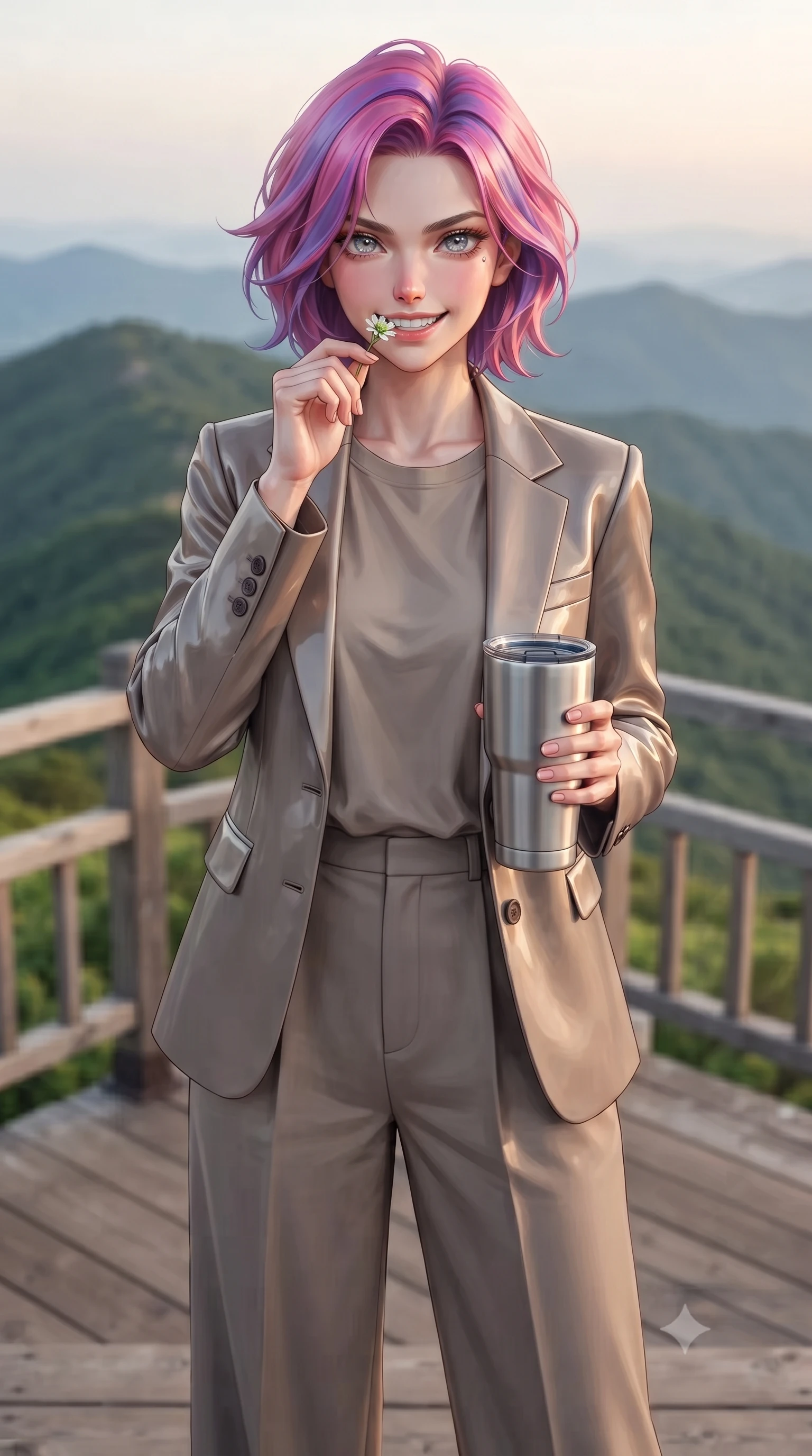 score_9, masterpiece, best quality, ultra-detailed, high-budget anime keyframe, editorial fashion photography, tasteful artistic composition, Caucasian woman. close-up cowboy shot from the waist and thighs up, the character dominates the composition, filling the frame with her large presence, background elements kept in soft focus. holding a delicate flower near her lips, smiling with magnetic self-assurance and glowing eyes set against a soft-focus background of on a scenic wooden observation deck at the peak of a green mountain holding a travel tumbler with a bright, active grin. She has an exceptionally elegant, slender, and willowy female figure with an ultra-slim waist, a gracefully sculpted slender torso, and a refined silhouette. sharp v-shaped jawline, high-bridge nose, intricate jewel-like eyes with depth, thick eyelashes, glossy lips with a natural sheen. wearing body-hugging tailored casual blazer in taupe, paired with a loose tee and wide-leg trousers. cool morning mountain air diffusing the bright orange sunrise glow. ultra-reflective glossy finish, specular highlights, metallic sheen, high-contrast stereoscopic depth, volumetric dynamic lighting, 2k, ultra detail, master piece, 9:16 ratio