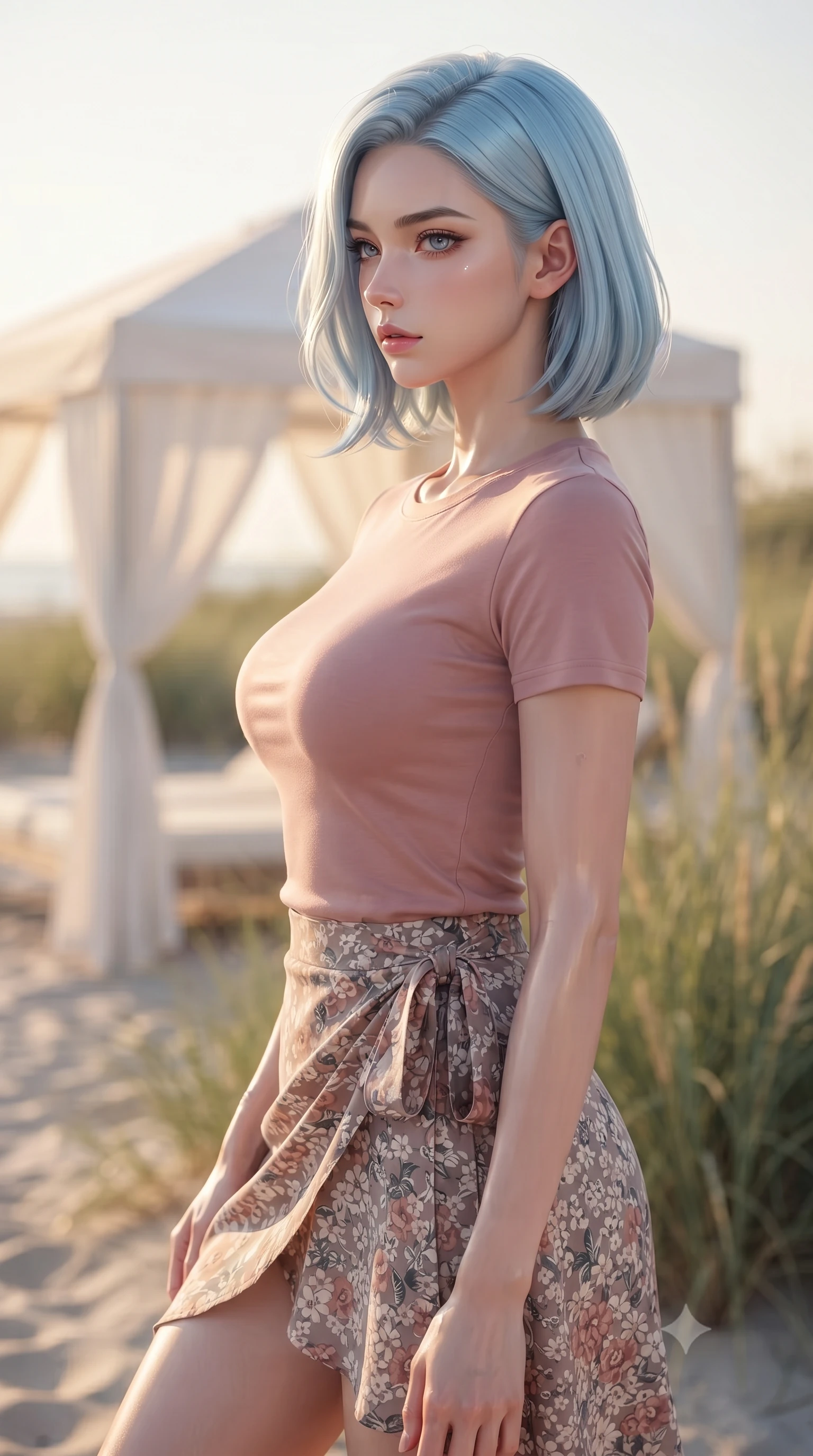 score_9, masterpiece, best quality, ultra-detailed, high-budget anime keyframe, editorial fashion photography, tasteful artistic composition, Korean woman woman. close-up cowboy shot from the waist and thighs up, the character dominates the composition, filling the frame with her large presence, background elements kept in soft focus. turning her face in sharp profile, casting a cold, mysterious, yet intensely alluring side gaze, the background shows a soft-focus a white canopy tent on a quiet beach resort, surrounded by tall beachgrass. She has an exceptionally elegant, slender, and willowy female figure with an ultra-slim waist, a gracefully sculpted slender torso, and a refined silhouette. sharp v-shaped jawline, high-bridge nose, intricate jewel-like eyes with depth, thick eyelashes, glossy lips with a natural sheen. wearing a form-contouring simple crewneck t-shirt in dusty pink paired with a floral print wrap skirt. warm golden afternoon sunlight bathing the sands in a soft glow. ultra-reflective glossy finish, specular highlights, metallic sheen, high-contrast stereoscopic depth, volumetric dynamic lighting, 2k, ultra detail, master piece, 9:16 ratio