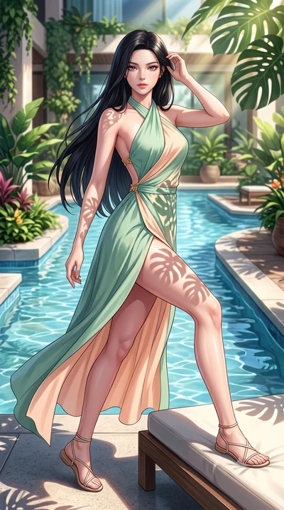 score_9, masterpiece, best quality, ultra-detailed, high-budget anime keyframe, semi-realistic 3D game render, editorial fashion photography, tasteful artistic composition, Korean woman. low angle full-body shot from head to toe showing her feet, fil