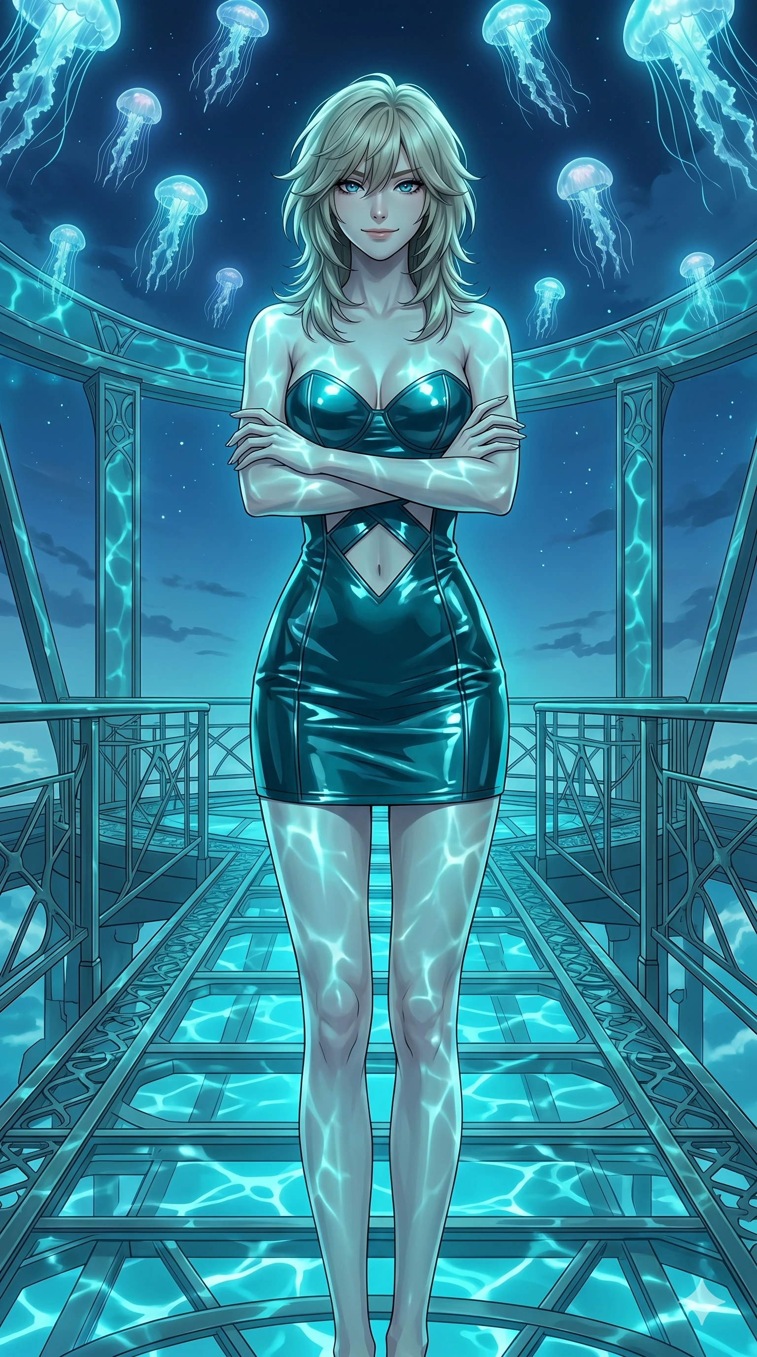 score_9, masterpiece, best quality, ultra-detailed, high-budget anime keyframe, editorial fashion photography, tasteful artistic composition, Japanese woman. cowboy shot from the thighs up, character and outfit filling the frame for maximum editorial presence. Crossing her arms with a confident smile, her posture relaxed yet powerful on a sky platform under a canopy of floating glowing jellyfish in a dark blue sky. She has an absolutely perfect 8-heads proportion, an exceptionally tall and slender female figure with impossibly long slender legs and an ultra-slim waist. V-shaped jawline, high-bridge nose, intricate jewel-like eyes with depth, thick eyelashes, glossy lips with a natural sheen. wearing a structured bustier dress in high-gloss dark teal with a geometric cutout at the midriff. drenched in brilliant turquoise volumetric light filtering through water, casting caustic patterns. 2k, ultra detail, master piece, 9:16 ratio