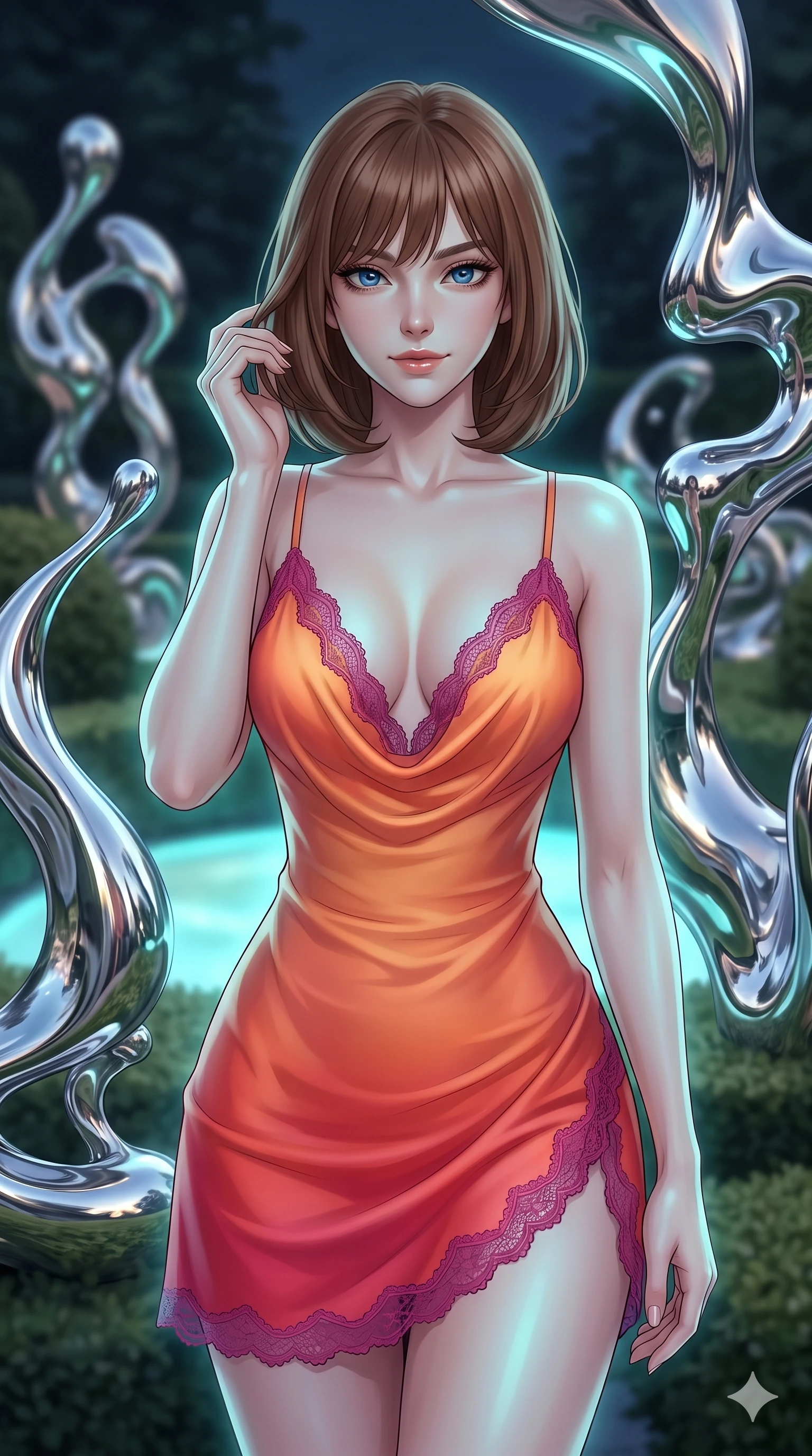 score_9, masterpiece, best quality, ultra-detailed, high-budget anime keyframe, editorial fashion photography, tasteful artistic composition, Caucasian woman, strictly human ears. close-up cowboy shot from the waist and thighs up, the character dominates the composition, filling the frame with her large presence, background elements kept in soft focus. Gently brushing hair from her face with an enigmatic half-smile. set against a soft-focus background of a manicured garden filled with abstract sculptures made of living liquid chrome that constantly shift and reshape themselves reflecting and distorting the surrounding landscape in mercurial curves. She has an exceptionally elegant and slender, willowy female figure with an ultra-slim waist, a gracefully sculpted slender torso, and a refined slim physique. sharp v-shaped jawline, high-bridge nose, intricate jewel-like eyes with depth, thick eyelashes, glossy lips with a natural sheen. wearing a gossamer-thin silk slip dress in a sunset orange gradient, detailed with magenta lace-trimmed edges and a deep cowl neckline. soft aqua bioluminescent light making her skin luminously glow against darkness. 2k, ultra detail, master piece, 9:16 ratio