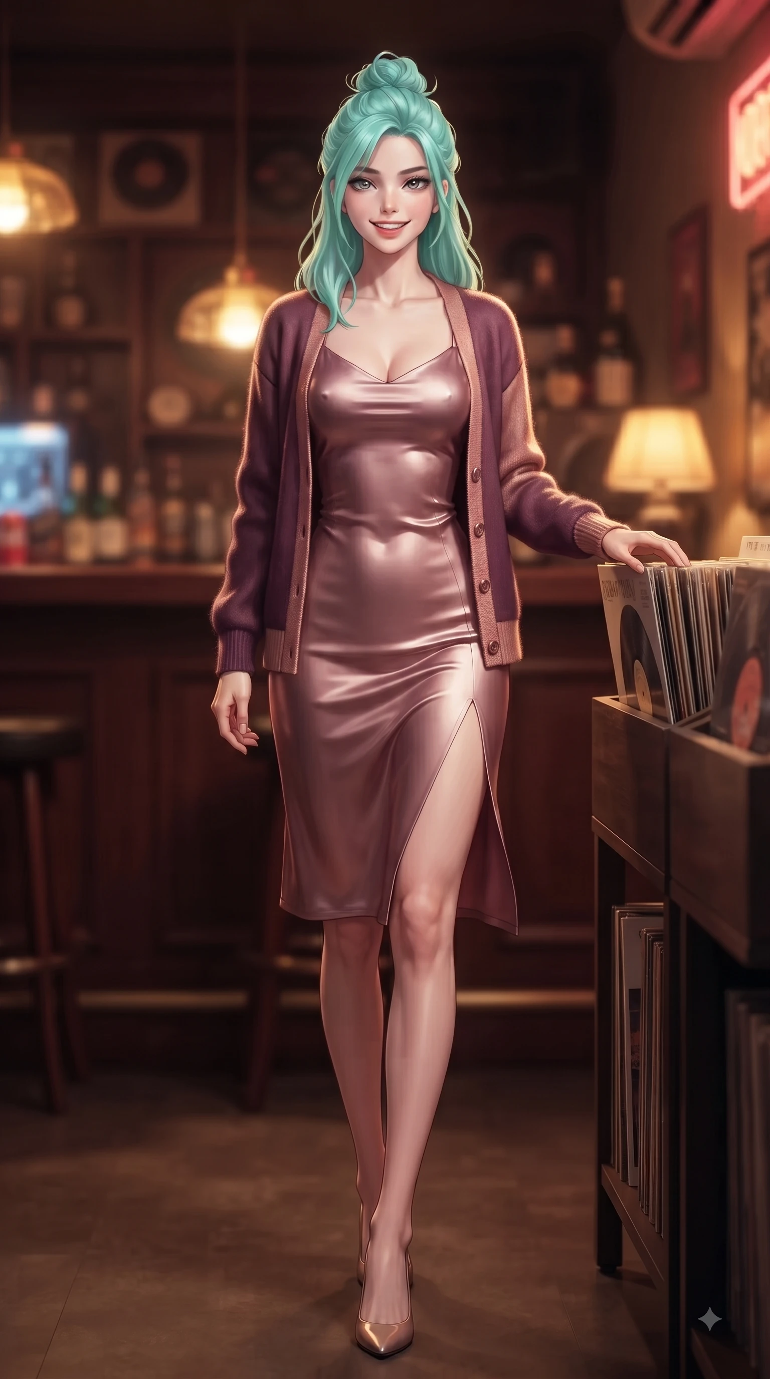 score_9, masterpiece, best quality, ultra-detailed, high-budget anime keyframe, editorial fashion photography, tasteful artistic composition, Japanese woman. low angle full-body shot from head to toe showing her feet, filling the entire 9:16 vertical frame with her statuesque presence, stretching her vertical silhouette. walking forward in a proud dynamic stride with a cheerful beaming smile, her vertical silhouette filling the frame while browsing vintage vinyl record albums in a cozy Hongdae LP bar with a sweet playful smile. The composition keeps background elements in soft focus with dreamy bokeh. rich mahogany bar counters blurred smoothly behind her feminine posture. She has an absolutely perfect, statuesque 8.5-heads proportion, an exceptionally tall and slender model-like female figure with impossibly long slender legs and an ultra-slim waist. sharp v-shaped jawline, high-bridge nose, intricate jewel-like eyes with depth, thick eyelashes, glossy lips with a natural sheen, flawlessly proportioned anatomical accuracy, natural body alignment, perfectly sculpted elegant limbs, clean dynamic posture without body distortion. wearing a glossy satin slip dress layered under a soft cashmere cardigan in rich plum purple and rose gold, made of premium stretch jersey that follows her curves like a glove, featuring a sleek side leg slit ascending to mid-thigh, the tailored fabric tightly following every curve of her athletic build. bathed in warm golden amber lamp glow and retro neon rim light. ultra-reflective glossy finish, specular highlights, metallic sheen, high-contrast stereoscopic depth, volumetric dynamic lighting, 2k, ultra detail, master piece, 9:16 ratio