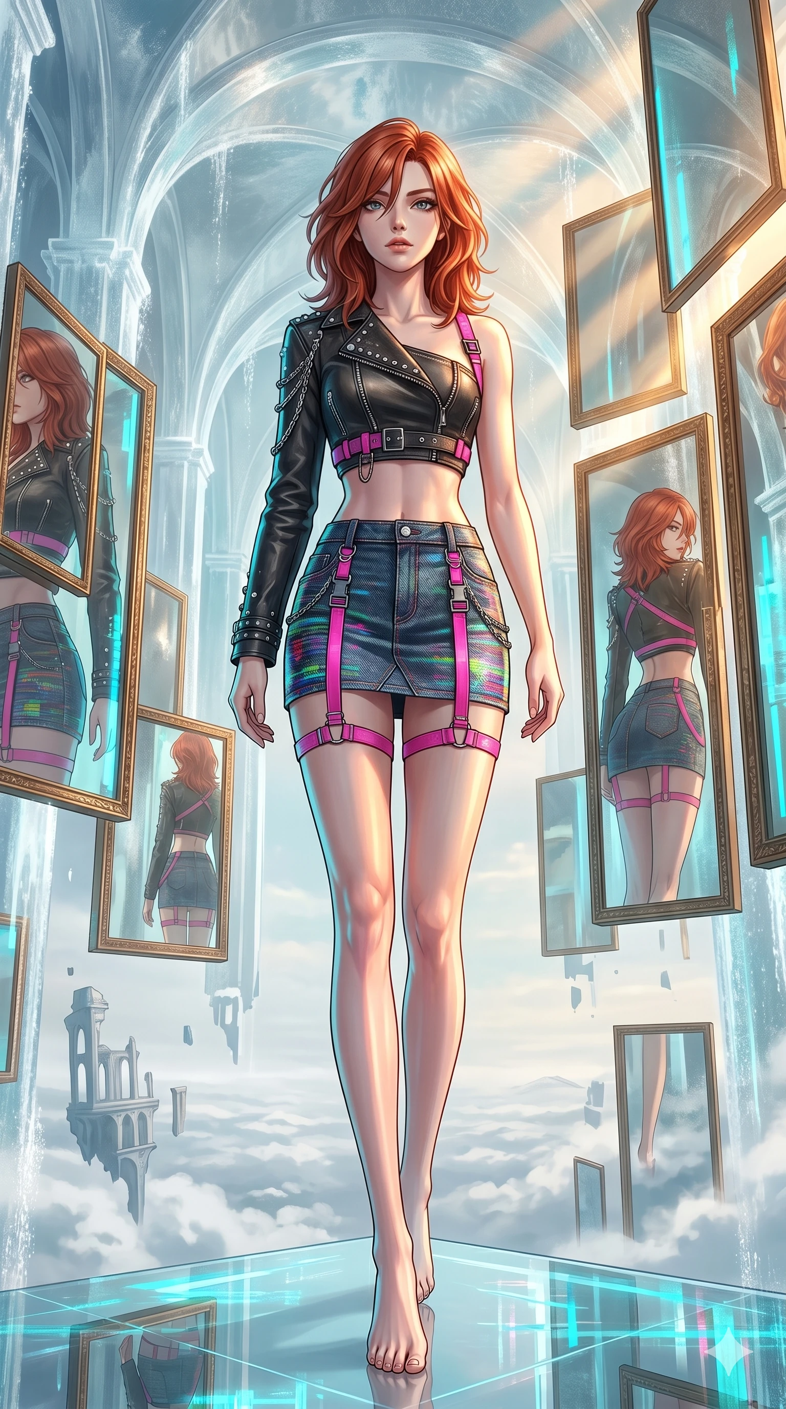 score_9, masterpiece, best quality, ultra-detailed, high-budget anime keyframe, Japanese woman. low angle full-body shot filling the entire 9:16 frame with her statuesque presence, stretching the vertical silhouette. wandering through a mirage cloud cathedral of translucent marble and water mist, surrounded by floating ancient bronze mirror walls. She has an absolutely perfect 8-heads proportion, an exceptionally tall and slender female figure with impossibly long slender legs and an ultra-slim waist. V-shaped jawline, high-bridge nose, intricate jewel-like eyes with depth, thick eyelashes, glossy lips with a natural sheen.. wearing a glitch denim and studded leather outfit, featuring an RGB glitch pattern denim micro-skirt, a single-sleeve cropped leather jacket, and neon pink harness straps. showcasing a beautiful play of light and shadow, with warm golden rays clashing against cool cyan highlights. 2k, ultra detail, master piece, 9:16 ratio