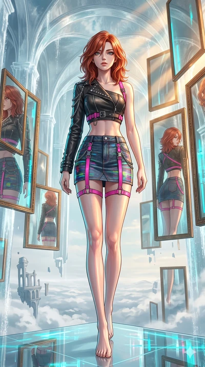 score_9, masterpiece, best quality, ultra-detailed, high-budget anime keyframe, Japanese woman. low angle full-body shot filling the entire 9:16 frame with her statuesque presence, stretching the vertical silhouette. wandering through a mirage cloud 