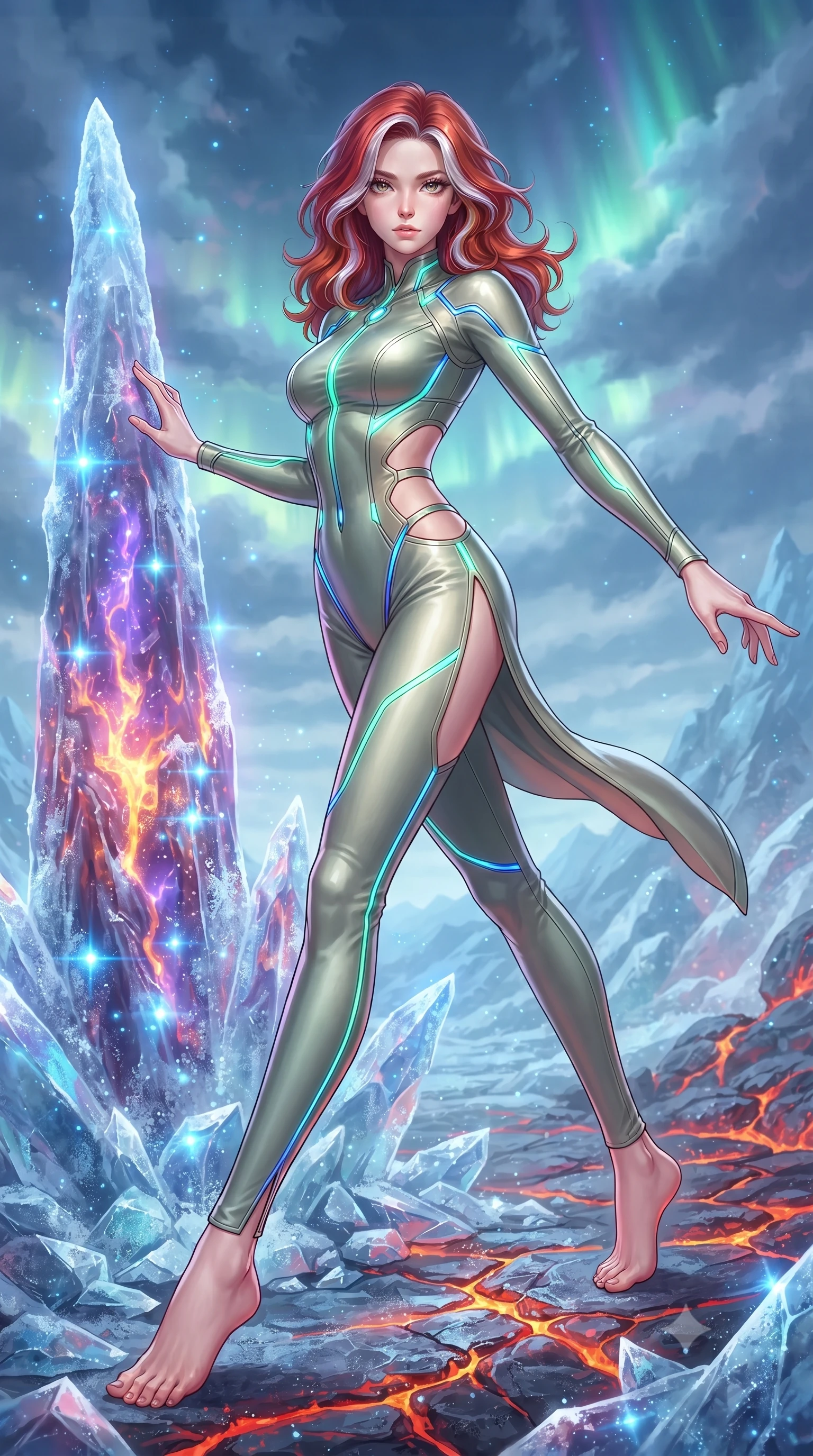 score_9, masterpiece, best quality, ultra-detailed, high-budget anime keyframe, editorial fashion photography, tasteful artistic composition, Caucasian woman. low angle full-body shot from head to toe showing her feet, filling the entire 9:16 vertical frame with her statuesque presence, stretching her vertical silhouette. forging dynamically through the scene, her vertical silhouette beautifully stretched touching a frozen lava crystal spire glowing with high-energy plasma, glistening frost surfaces scattering brilliant blue specular highlights. She has an absolutely perfect, statuesque 8.5-heads proportion, an exceptionally tall and slender model-like female figure with impossibly long slender legs and an ultra-slim waist. sharp v-shaped jawline, high-bridge nose, intricate jewel-like eyes with depth, thick eyelashes, glossy lips with a natural sheen. wearing a skin-tight cybernetic bodysuit with glowing neon seams and side cutouts in sage green and oatmeal, crafted from lustrous satin jersey with fluid draping, finished with a sleek side slit ascending to mid-thigh, the glove-like fit emphasizing her statuesque silhouette. surrounded by an extraordinary elemental clash radiance. highly saturated vibrant anime colors, detailed shading with soft gradients, rich glossy textures, high-contrast stereoscopic depth, volumetric dynamic lighting, master piece, 9:16 ratio