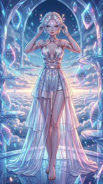score_9, masterpiece, best quality, ultra-detailed, high-budget anime movie keyframe, cinematic anime lighting, intricate line art, Japanese woman. Low angle cowboy shot filling the entire 9:16 frame with her statuesque presence. adjusting a glowing 