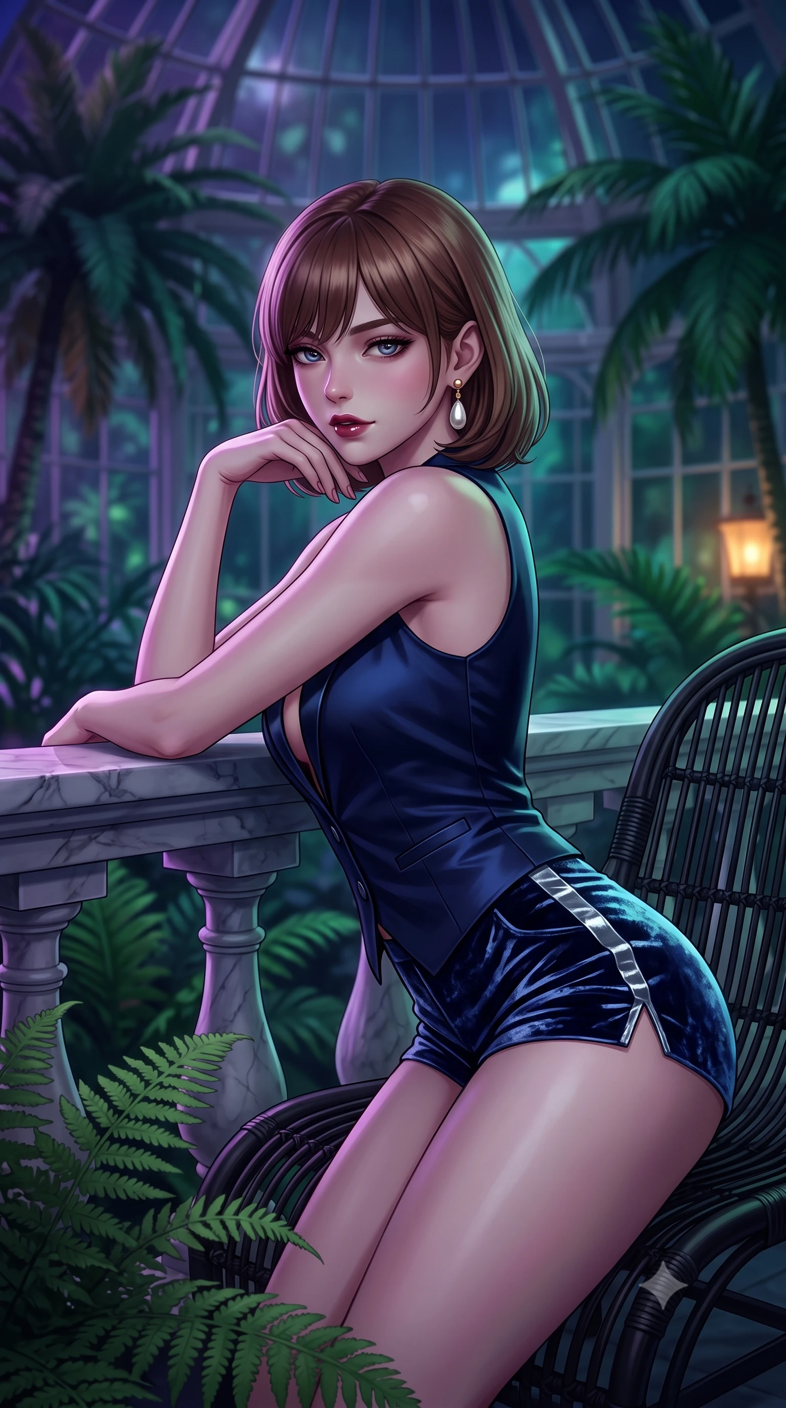 score_9, masterpiece, best quality, ultra-detailed, high-budget anime keyframe, semi-realistic 3D game render, editorial fashion photography, tasteful artistic composition, Caucasian woman. close-up cowboy shot from the waist and thighs up, the character dominates the composition, filling the frame with her large presence. resting one elbow on the marble balustrade while arching her spine with dancer poise, her dark bedroom-eyes casting a magnetic sidelong glance while sitting on a curved vintage black wicker lounger amidst giant prehistoric ferns, arching her back with an intoxicating, alluring expression. The composition keeps background elements in soft focus with dreamy creamy bokeh. soaring Victorian glass conservatory ribs and towering tropical palms backlit by midnight neon blurred into deep jade, violet, and sapphire bokeh. She has an exceptionally elegant, slender, and willowy female figure with an ultra-slim waist, flat toned midriff, narrow ribcage, and sculpted feminine hips creating an alluring, slim hourglass silhouette without bulk. sharp v-shaped jawline, high-bridge nose, intricate jewel-like dark sparkling eyes with dangerous depth, thick curled eyelashes, glossy parted lips with a rich wine sheen, smoldering seductive half-smile with bedroom-eyes, exuding effortless superiority and intoxicating dark allure, flawlessly proportioned anatomical accuracy, strict slender model proportions, natural body alignment, perfectly sculpted long slender limbs, ultra-slim waistline, clean dynamic posture without body distortion. wearing a tailored satin tuxedo vest worn closed against bare skin with high-cut tailored satin hot-pants in midnight sapphire navy and chrome silver, tailored from crushed dark velvet with deep light-absorbing plush texture, accented with a single dangling baroque pearl earring reflecting the amber glow, the liquid-tight tailored fabric clinging flawlessly to her narrow waist and rounded feminine hips, emphasizing every millimeter of her sculpted slim hourglass curves without any bulky heaviness. bathed in moody ultraviolet and deep emerald ambient backlights filtering through soaring glass panes. highly saturated vibrant anime colors, detailed shading with soft gradients, rich glossy textures, high-contrast stereoscopic depth, volumetric dynamic lighting, master piece, 9:16 ratio