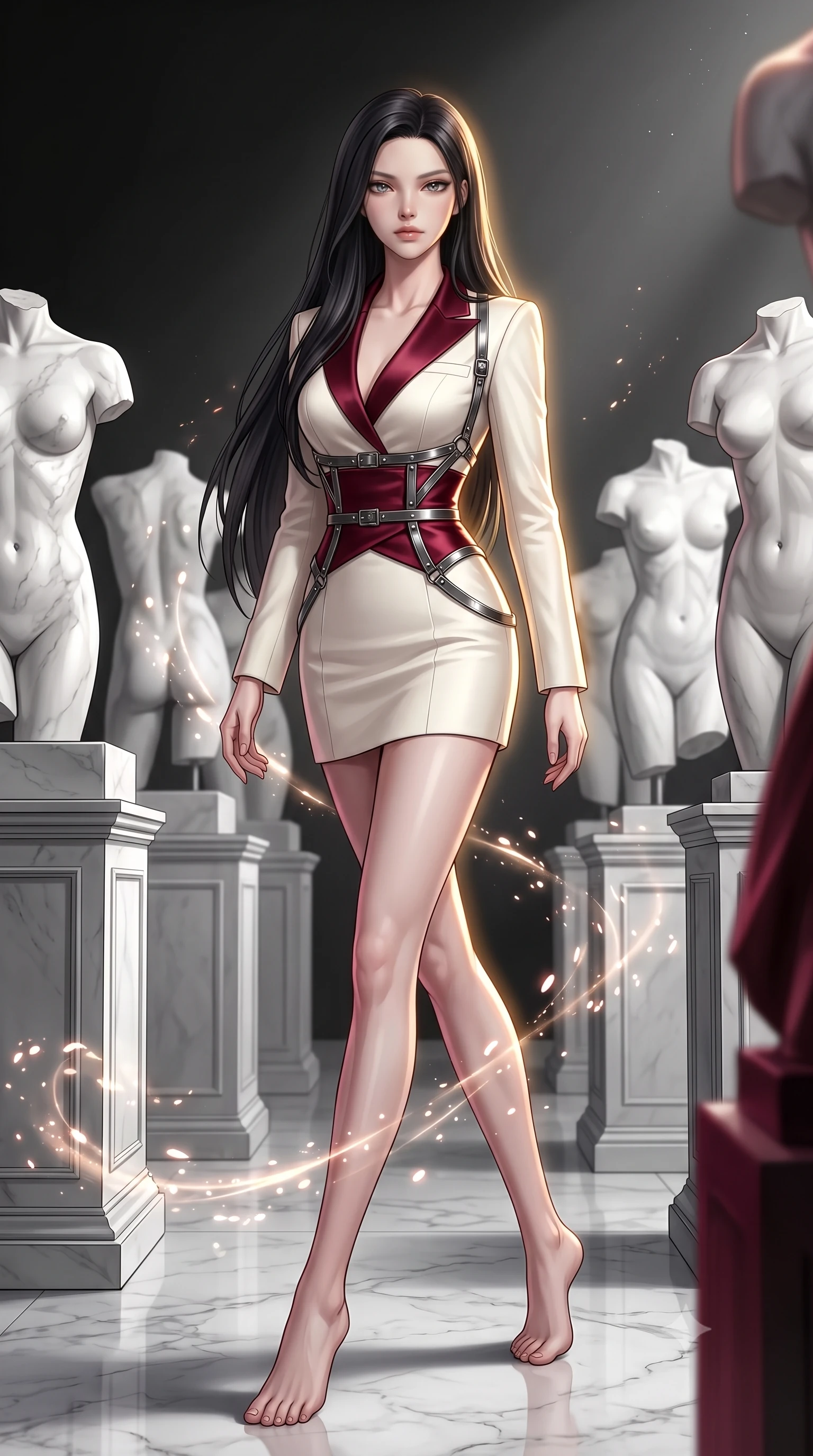 score_9, masterpiece, best quality, ultra-detailed, high-budget anime keyframe, editorial fashion photography, tasteful artistic composition, Korean woman. low angle full-body shot from head to toe showing her feet, filling the entire 9:16 vertical frame with her statuesque presence, stretching her vertical silhouette. interacting with glowing light particles, her long slender legs poised in motion, standing in a secluded private art gallery filled with white marble torso sculptures, single warm key light tracing her side profile and ultra-slim waistline. She has an absolutely perfect, statuesque 8.5-heads proportion, an exceptionally tall and slender model-like female figure with impossibly long slender legs and an ultra-slim waist. sharp v-shaped jawline, high-bridge nose, intricate jewel-like eyes with depth, thick eyelashes, glossy lips with a natural sheen. wearing tailored ivory tux dress with satin lapels and fitted waist in deep crimson burgundy, made of soft crimson satin, highlighted by a gunmetal metallic harness structure, sculpting her athletic slender build with refined precision. bathed in high-contrast black-and-white chiaroscuro with sharp key rays. highly saturated vibrant anime colors, detailed shading with soft gradients, rich glossy textures, high-contrast stereoscopic depth, volumetric dynamic lighting, master piece, 9:16 ratio
