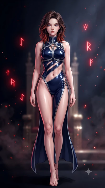 score_9, masterpiece, best quality, ultra-detailed, high-budget anime keyframe, semi-realistic 3D game render, editorial fashion photography, tasteful artistic composition, Korean woman. low angle full-body shot from head to toe showing her feet, fil