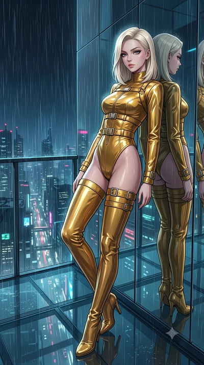 score_9, masterpiece, best quality, ultra-detailed, High-budget Anime Keyframe, Caucasian woman, strictly human ears. Low angle cowboy shot filling the entire 9:16 frame with her statuesque presence. Scenario 299: leaning back against a wall of virtu