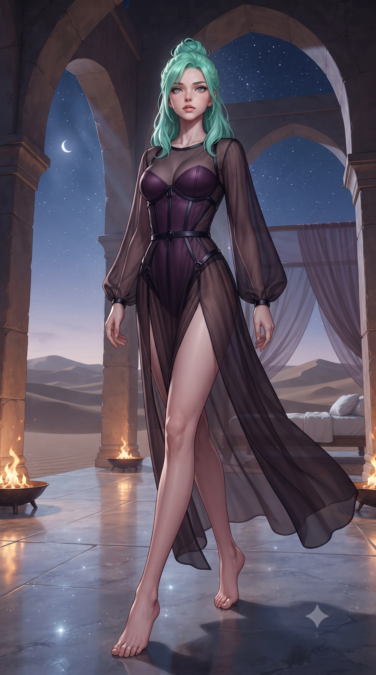 score_9, masterpiece, best quality, ultra-detailed, high-budget anime keyframe, editorial fashion photography, tasteful artistic composition, Japanese woman. low angle full-body shot from head to toe showing her feet, filling the entire 9:16 vertical frame with her statuesque presence, stretching her vertical silhouette. navigating the private sanctuary with an effortless, graceful stride, lounging on a white linen daybed surrounded by open arches overlooking the desert, sheer white linen canopy fluttering gently in the warm desert breeze. She has an absolutely perfect, statuesque 8.5-heads proportion, an exceptionally tall and slender model-like female figure with impossibly long slender legs and an ultra-slim waist. sharp v-shaped jawline, high-bridge nose, intricate jewel-like eyes with depth, thick eyelashes, glossy lips with a natural sheen. wearing semi-opaque sheer dark chiffon gown revealing structured corset silhouette in dark plum violet, made of matte carbon-fiber weave, adorned with minimalist black onyx hardware framing the silhouette, the fitted fabric emphasizing her ultra-slim waist. illuminated by warm flickering brazier rays and cold silver starlight from above. ultra-reflective glossy finish, specular highlights, metallic sheen, high-contrast stereoscopic depth, volumetric dynamic lighting, 2k, ultra detail, master piece, 9:16 ratio