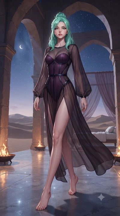 score_9, masterpiece, best quality, ultra-detailed, high-budget anime keyframe, editorial fashion photography, tasteful artistic composition, Japanese woman. low angle full-body shot from head to toe showing her feet, filling the entire 9:16 vertical