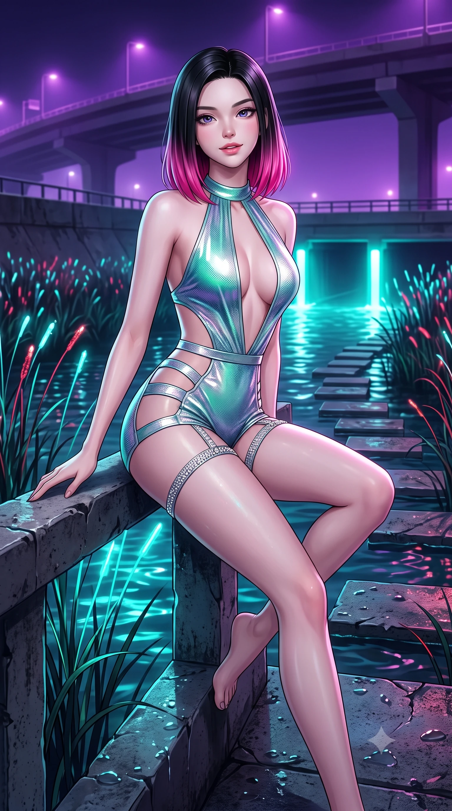 score_9, masterpiece, best quality, ultra-detailed, high-budget anime keyframe, semi-realistic 3D game render, editorial fashion photography, tasteful artistic composition, Korean woman. close-up cowboy shot from the waist and thighs up, the character dominates the composition, filling the frame with her large presence. leaning forward while arching her lower back to accentuate her curvy hips, looking into the camera with an intoxicating smoldering gaze and bedroom-eyes while sitting poised on the sleek concrete canal ledge with one knee bent, arching her back with playful elegance and parted glossy lips. The surrounding environment is rendered in vivid detail and crisp panoramic clarity: sharp water ripple reflections on stepping stones, weathered cyber-concrete textures, and fiber-optic reed stems in deep focus. She has an exceptionally elegant, slender, and willowy female figure with an ultra-slim waist, flat toned midriff, narrow ribcage, and sculpted feminine hips creating an alluring, slim hourglass silhouette without bulk. sharp v-shaped jawline, high-bridge nose, intricate jewel-like sparkling eyes with depth, thick eyelashes, glossy parted lips with a natural peach sheen, bright cheerful beaming smile with an enchanting and coquettish sensual glint, exuding both youthful cute charm and seductive allure, flawlessly proportioned anatomical accuracy, strict slender model proportions, natural body alignment, perfectly sculpted long slender limbs, ultra-slim waistline, clean dynamic posture without body distortion. wearing a daring low-cut halterneck romper with exposed midriff and strappy hip cutouts in polar aurora jade and starlight platinum, crafted from stretch micro-mesh with liquid foil coating that shimmers with every movement, finished with delicate crystal-encrusted thigh garter straps glinting in the dim light, the bespoke structured tailoring following the natural line of her 8.5-heads silhouette with refined elegance. bathed in vivid emerald-cyan underwater LEDs combined with ambient violet floodlights from the highway bridges. highly saturated vibrant anime colors, detailed shading with soft gradients, rich glossy textures, high-contrast stereoscopic depth, volumetric dynamic lighting, master piece, 9:16 ratio