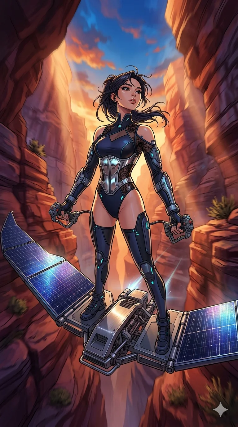 score_9, masterpiece, best quality, ultra-detailed, high-budget anime movie keyframe, cinematic anime lighting, intricate line art, Korean anime girl. Low angle cowboy shot capturing a powerful motion and statuesque presence. piloting a glider made of solar panels through a canyon. She has an absolutely perfect 8-heads proportion, an exceptionally tall and slender female figure with an ultra-slim waist and impossibly long slender legs. strictly human anatomy, two legs only, no extra limbs, clearly defined legs and arms, perfect anatomy, perfect hands and fingers. sharp v-shaped jawline, high-bridge nose, intricate jewel-like eyes, thick eyelashes, glossy lips. Wearing Cyber-Tech Legacy: Asymmetrical high-cut tech-bodysuit with detached sleeves and chrome-plated corset over sheer lace. The scene is illuminated by dramatic atmospheric lighting and vibrant color palettes. , 2k, ultra detail, master piece, 9:16 ratio