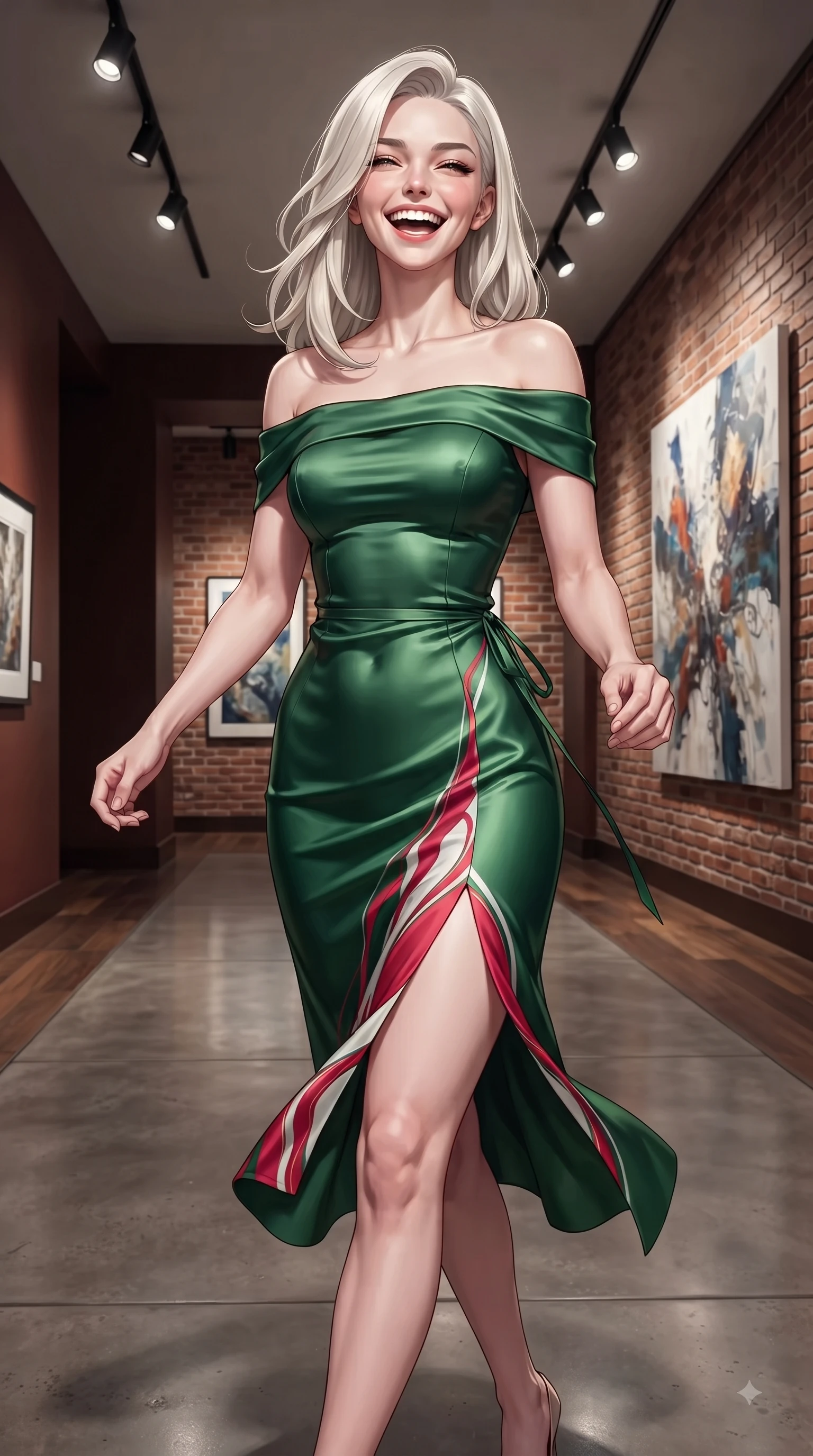 score_9, masterpiece, best quality, ultra-detailed, high-budget anime keyframe, editorial fashion photography, tasteful artistic composition, Caucasian woman. close-up cowboy shot from the waist and thighs up, the character dominates the composition, filling the frame with her large presence. Ecstatic joyful laughter with eyes crinkling in pure delight and vibrant energy filling her dynamic posture while stepping along a polished concrete gallery hall under sleek overhead gallery spotlights. The surrounding environment is rendered in vivid detail and crisp panoramic clarity. raw exposed brick walls, polished concrete floors, and detailed gallery artwork in high clarity. She has an exceptionally elegant, slender, and willowy female figure with an ultra-slim waist, a gracefully sculpted slender torso, and a refined silhouette. sharp v-shaped jawline, high-bridge nose, intricate jewel-like eyes with depth, thick eyelashes, glossy lips with a natural sheen, flawlessly proportioned anatomical accuracy, natural body alignment, perfectly sculpted elegant limbs, clean dynamic posture without body distortion. wearing a vibrant forest green off-shoulder midi dress with a tasteful front slit in vibrant crimson red and crisp snow white, crafted from smooth liquid silk satin, accented with a delicate side waist sash creating fluid lines, the form-contouring material accentuating her ultra-slim waist and long lines. illuminated by crisp gallery spotlights and rich mahogany ambient glow. ultra-reflective glossy finish, specular highlights, metallic sheen, high-contrast stereoscopic depth, volumetric dynamic lighting, 2k, ultra detail, master piece, 9:16 ratio