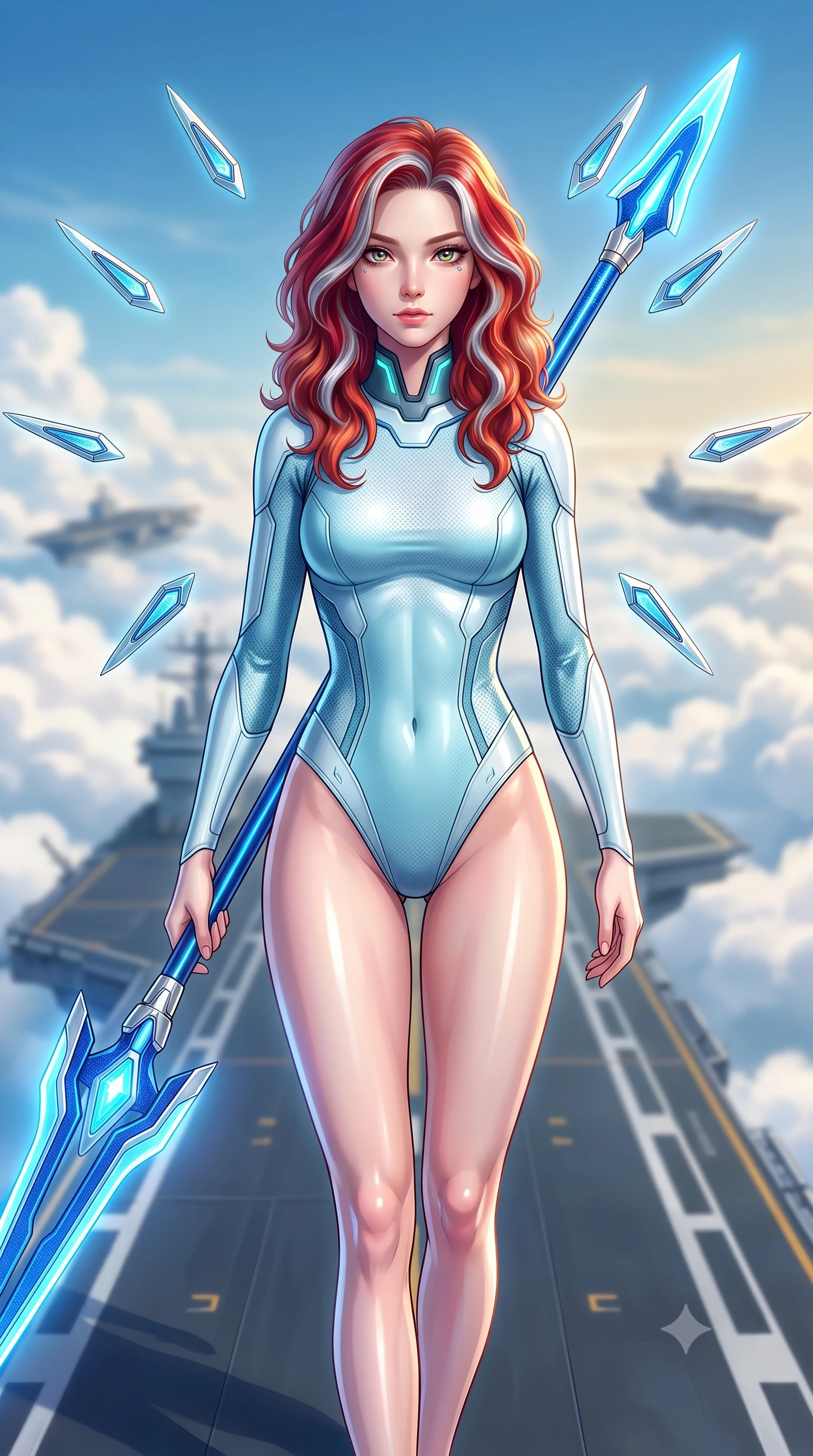 score_9, masterpiece, best quality, ultra-detailed, high-budget anime keyframe, semi-realistic 3D game render, editorial fashion photography, tasteful artistic composition, Caucasian woman. close-up cowboy shot from the waist and thighs up, the character dominates the composition, filling the frame with her large presence. gazing forward with divine sovereign poise, captivating jewel-like eyes shining with transcendent focus while holding her weapon with effortless mastery while striding commanding down the flight deck of a flying super-carrier above the clouds as eight floating nano-crystal funnel blades orbit her. The composition keeps background elements in soft focus with creamy bokeh. billowing white cloud seas and distant carrier escorts blurred into clean, high-key sky-blue and gold bokeh. She has an exceptionally elegant, slender, and willowy female figure with an ultra-slim waist, a gracefully sculpted slender torso, toned flat midriff, and a refined slim silhouette. sharp v-shaped jawline, high-bridge nose, intricate jewel-like eyes with depth, thick eyelashes, glossy lips with a natural sheen, flawlessly proportioned anatomical accuracy, strict slender model proportions, natural body alignment, perfectly sculpted long slender limbs, ultra-slim waistline, clean dynamic posture without body distortion. wearing an ultra-sleek glacial-cyan and white carbon-mesh combat bodysuit with frost-resistant plating, holding a glowing high-frequency cryo-energy spear with commanding poise in electric cobalt blue carbon with polished platinum trim, made of liquid carbon-jersey fabric adhering flawlessly to her sculpted silhouette, featuring a sleek aerodynamic collar framed by subtle glowing cybernetic status LEDs, the form-contouring material adhering flawlessly to her sculpted flat midriff and slender torso, emphasizing her long leg lines and perfectly proportioned willowy build. illuminated by crisp specular highlights tracing her sculpted collarbones, waistline, and long slender legs. rich saturated anime colors with glowing neon highlights, detailed shading with soft gradients, rich glossy textures, high-contrast stereoscopic depth, volumetric dynamic lighting, master piece, 9:16 ratio