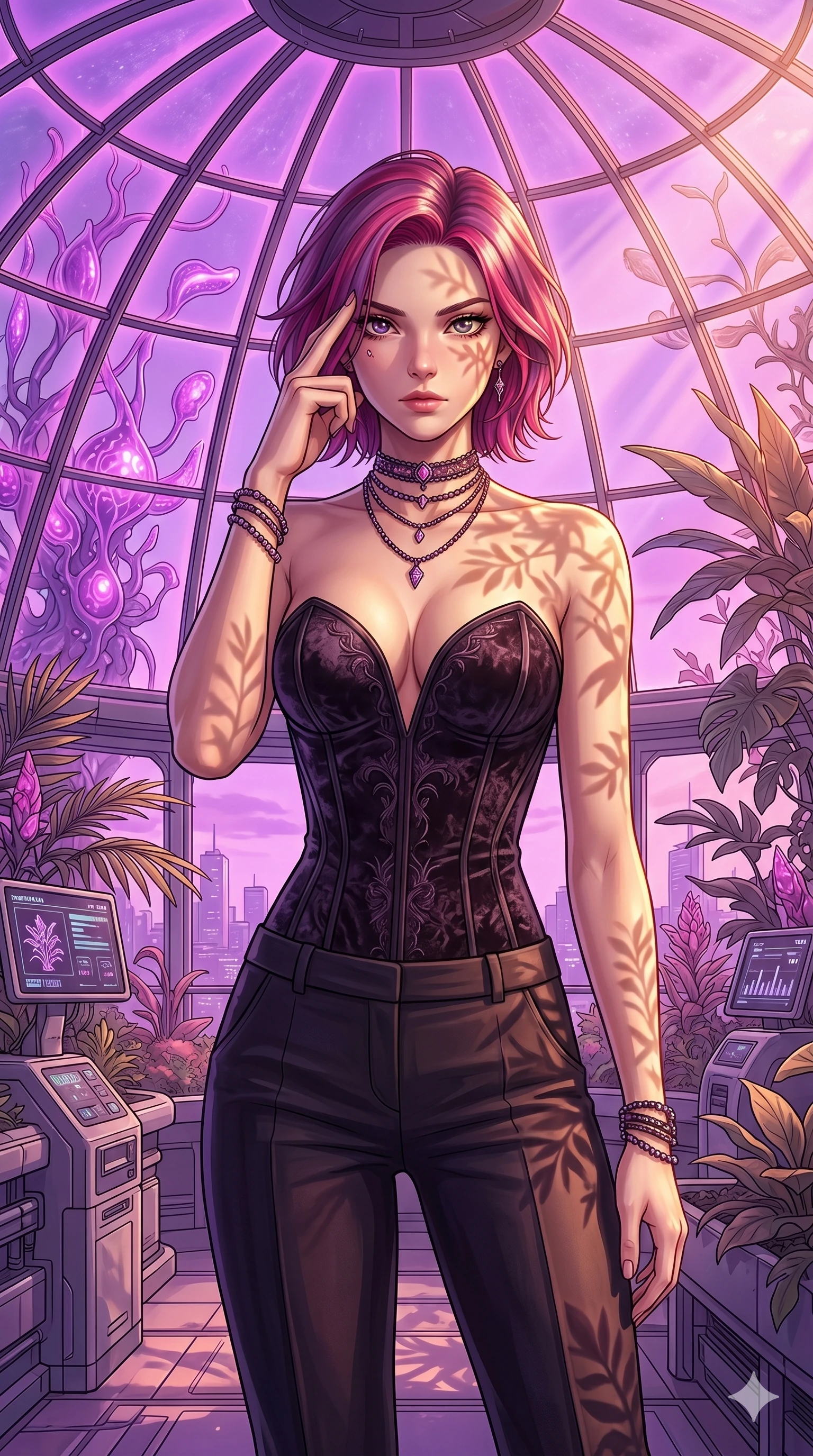 score_9, masterpiece, best quality, ultra-detailed, high-budget anime keyframe, editorial fashion photography, tasteful artistic composition, Caucasian woman, strictly human ears. cowboy shot from the thighs up, character and outfit filling the frame for maximum editorial presence. pressing two fingers to her temple, looking with quiet, sharp focus in a futuristic greenhouse under a dome of glowing violet-pink glass (Code-P18-137). She has an absolutely perfect 8-heads proportion, an exceptionally tall and slender female figure with impossibly long slender legs and an ultra-slim waist. V-shaped jawline, high-bridge nose, intricate jewel-like eyes with depth, thick eyelashes, glossy lips with a natural sheen. wearing a dark velvet corset with a deep sweetheart neckline revealing her cleavage. bathed in warm, golden afternoon sunbeams, casting soft organic leaf shadows on her skin. 2k, ultra detail, master piece, 9:16 ratio