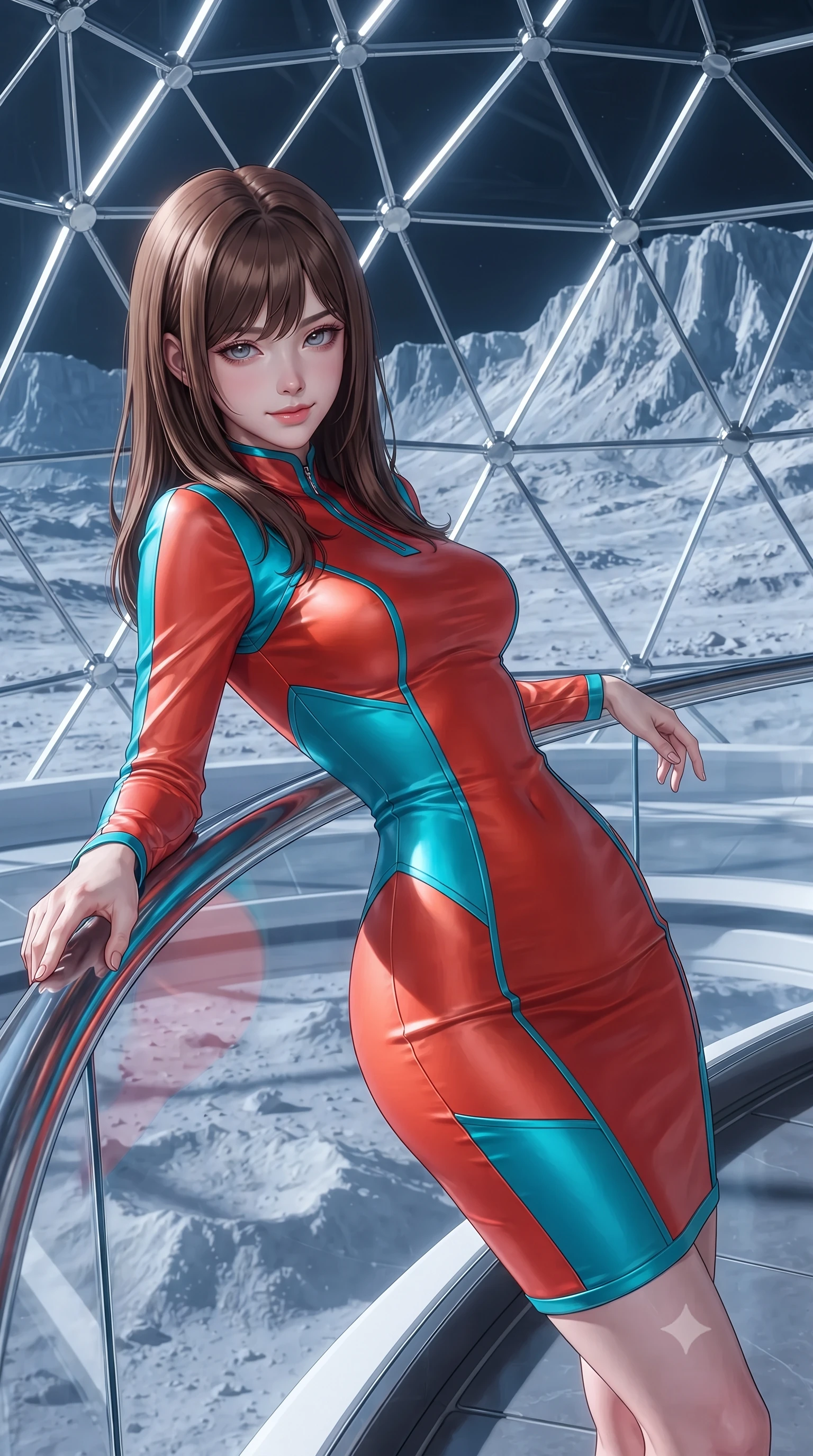 score_9, masterpiece, best quality, ultra-detailed, high-budget anime keyframe, editorial fashion photography, tasteful artistic composition, Korean woman. close-up cowboy shot from the waist and thighs up, the character dominates the composition, filling the frame with her large presence. leaning back against the balustrade with relaxed seductive grace, head tilted back slightly while casting a hypnotic, heavy-lidded gaze while standing poised inside the pressurized geodesic glass dome overlooking the towering lunar mountain rims of Shackleton Crater, arching her spine with ethereal supermodel poise. The surrounding environment is rendered in vivid detail and crisp panoramic clarity: sharp faceted geodesic glass node brackets, pristine lunar regolith texture outside, and polished lunar glass tiles inside in deep focus. She has an exceptionally elegant, slender, and willowy female figure with an ultra-slim waist, flat toned midriff, narrow ribcage, and sculpted feminine hips creating an alluring, slim hourglass silhouette without bulk. sharp v-shaped jawline, high-bridge nose, intricate jewel-like sparkling eyes with depth, thick eyelashes, glossy parted lips with a natural peach sheen, bright cheerful beaming smile with an enchanting and coquettish sensual glint, exuding both youthful cute charm and seductive allure, flawlessly proportioned anatomical accuracy, strict slender model proportions, natural body alignment, perfectly sculpted long slender limbs, ultra-slim waistline, clean dynamic posture without body distortion. wearing a glove-like stretch lambskin leather dress with seamless sculpting hold adhering tightly to her silhouette in cyber-shinto vermilion and electric teal, crafted from fluid liquid silk satin that clings smoothly to her narrow waist and rounded hips with a dewy sheen, finished with sleek magnetic buckle closures fluttering in the breeze, the liquid-tight tailored fabric clinging flawlessly to her narrow waist and rounded feminine hips, emphasizing every millimeter of her sculpted slim hourglass curves without any bulky heaviness. bathed in the cool high-contrast cobalt-and-white Earthlight combined with warm 2800K dome interior reading lamps. ultra-reflective glossy finish, specular highlights, rich textural contrasts, high-contrast stereoscopic depth, volumetric dynamic lighting, 2k, ultra detail, master piece, 9:16 ratio