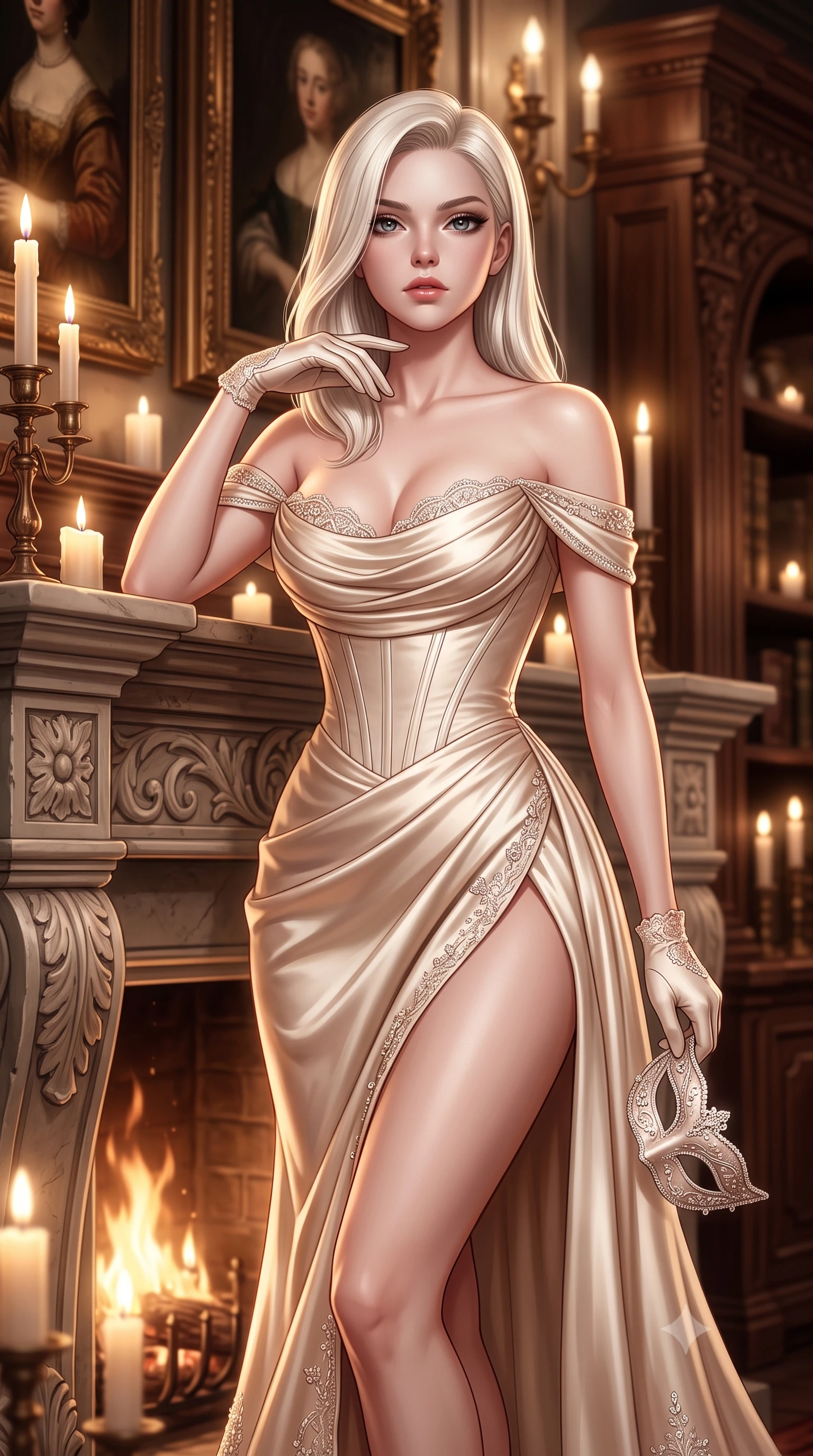 score_9, masterpiece, best quality, ultra-detailed, high-budget anime keyframe, semi-realistic 3D game render, editorial fashion photography, tasteful artistic composition, Caucasian woman. close-up cowboy shot from the waist and thighs up, the character dominates the composition, filling the frame with her large presence. tilting her chin up with proud, sovereign confidence while gazing directly into the lens with thick, dark eyelashes while resting against a candlelit grand fireplace with mask slightly lowered, smiling with dangerous, bewitching elegance. The composition keeps background elements in soft focus with creamy bokeh. antique oil paintings and carved baroque wooden library shelves softened in romantic shallow focus. She has an exceptionally elegant, slender, and willowy female figure with an ultra-slim waist, a gracefully sculpted slender torso, toned flat midriff, and a refined slim silhouette. sharp v-shaped jawline, high-bridge nose, intricate jewel-like eyes with depth, thick eyelashes, glossy lips with a natural sheen, captivating and magnetic expression, flawlessly proportioned anatomical accuracy, strict slender model proportions, natural body alignment, perfectly sculpted long slender limbs, ultra-slim waistline, clean dynamic posture without body distortion. wearing a statuesque off-shoulder champagne satin gala dress featuring a thigh-high side slit and draped corset bodice in champagne ivory and rose gold, tailored from ultra-smooth duchess satin with a pearlescent sheen, finished with delicate crystal embroidery along the neckline and hem edition #32, the precision-cut daring openings accentuating her delicate midriff, graceful bare collarbones, and ultra-slim feminine waistline. surrounded by an enigmatic, enchanting, and lethal undercover spy duchess aura. highly saturated vibrant anime colors, detailed shading with soft gradients, rich glossy textures, high-contrast stereoscopic depth, volumetric dynamic lighting, master piece, 9:16 ratio