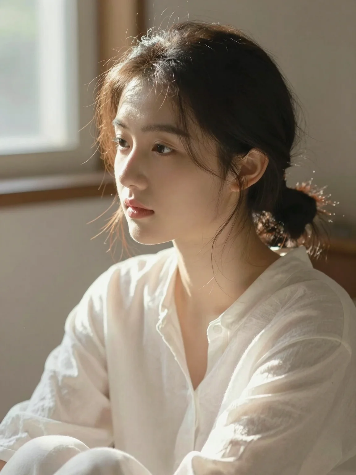 (masterpiece:1.2), best quality, natural beauty, (1girl:1.3), gorgeous woman, messy ponytail, white linen shirt, (soft morning sunlight:1.2), cozy and natural atmosphere, 2k, ultra detail, 3:4 ratio