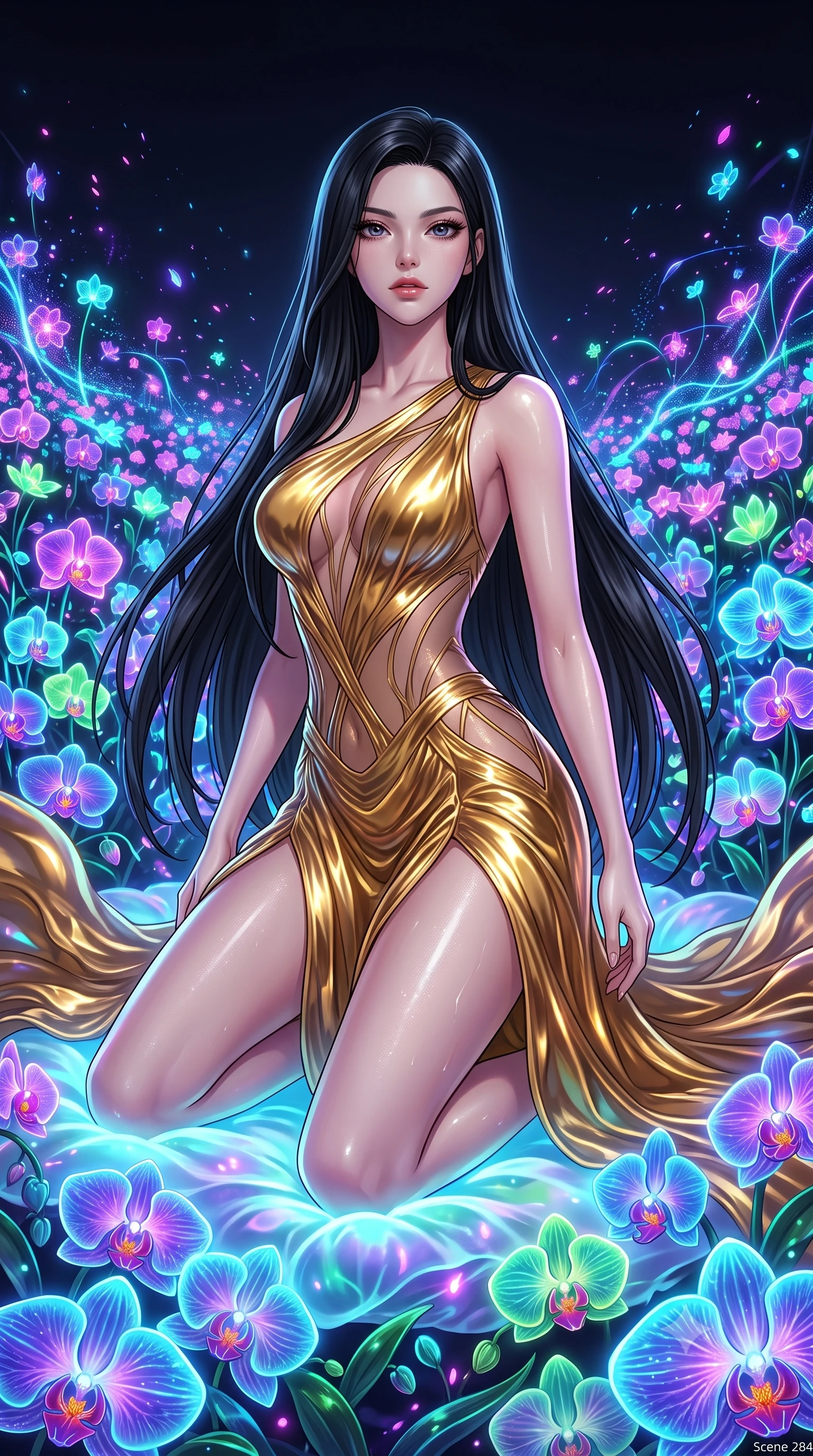 score_9, masterpiece, best quality, ultra-detailed, High-budget Anime Keyframe, East Asian woman. Low angle cowboy shot filling the entire 9:16 frame with her statuesque presence. Scenario 284: kneeling on a soft bed of glowing neon orchids under a virtual garden where neon flowers bloom in the dark. Her presence is magnetic and overpowering in this high-budget anime scene. Outfit 284: a body-hugging molten liquid silk gold with a sheer panels and wet-look texture. The clothing is designed to emphasize her exceptionally tall and slender 8-heads proportion. 8-heads proportion, towering silhouette, ultra-slim waist. sharp v-shaped jawline, intricate jewel-like eyes with depth, thick eyelashes, glossy lips. 2k, ultra detail, master piece, 9:16 ratio