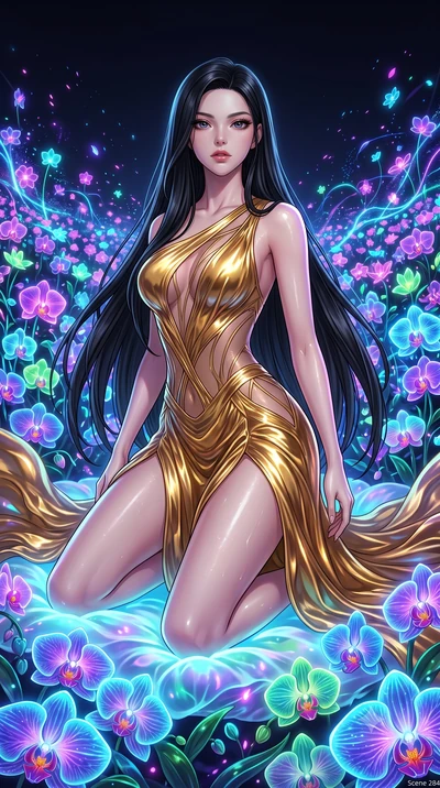 score_9, masterpiece, best quality, ultra-detailed, High-budget Anime Keyframe, East Asian woman. Low angle cowboy shot filling the entire 9:16 frame with her statuesque presence. Scenario 284: kneeling on a soft bed of glowing neon orchids under a v