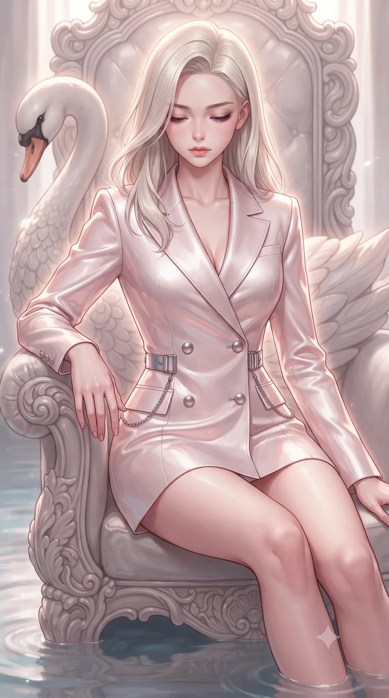 score_9, masterpiece, best quality, ultra-detailed, high-budget anime keyframe, editorial fashion photography, tasteful artistic composition, Caucasian woman. close-up cowboy shot from the waist and thighs up, the character dominates the composition, filling the frame with her large presence, background elements kept in soft focus. Looking down with lowered lashes and a composed, powerful aura, poised on a carved swan throne submerged in a shallow mirror pond, serene angelic aesthetic with refined luxury details. She has an exceptionally elegant, slender, and willowy female figure with an ultra-slim waist, a gracefully sculpted slender torso, and a refined silhouette. sharp v-shaped jawline, high-bridge nose, intricate jewel-like eyes with depth, thick eyelashes, glossy lips with a natural sheen. wearing tailored double-breasted opal white blazer dress in rose-gold pink, made of high-gloss liquid pearl vinyl, framed by polished silver buckles and delicate chain details, highlighting her statuesque proportions and ultra-slim waistline. surrounded by a radiant ethereal aura with soft glowing edge lights. highly saturated vibrant anime colors, detailed shading with soft gradients, rich glossy textures, high-contrast stereoscopic depth, volumetric dynamic lighting, master piece, 9:16 ratio