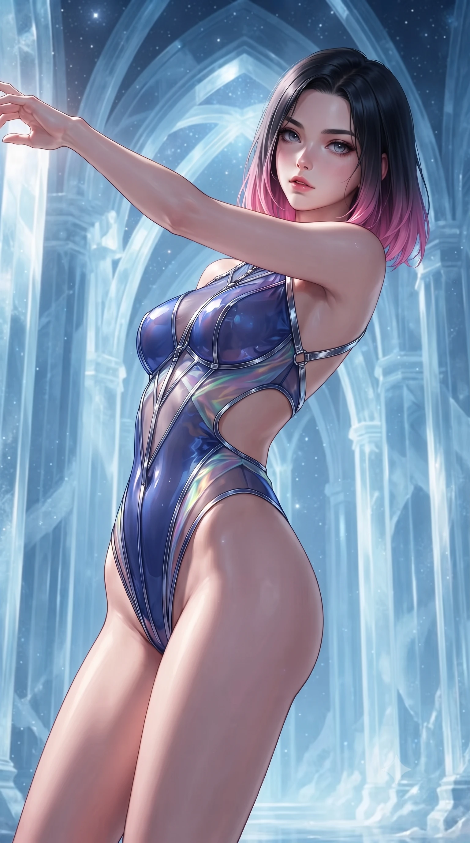 score_9, masterpiece, best quality, ultra-detailed, high-budget anime keyframe, editorial fashion photography, tasteful artistic composition, Korean woman. close-up cowboy shot from the waist and thighs up, the character dominates the composition, filling the frame with her large presence. extending one arm gracefully toward the light while her torso arches in a sleek, alluring curve with magnetic intensity while arching her spine in a fluid stretch under a towering cathedral of transparent ice with starlight refracting through arches. The surrounding environment is rendered in vivid detail and crisp panoramic clarity. deep ethereal arctic illumination and translucent crystal architecture rendered with environmental sharpness. She has an exceptionally elegant, slender, and willowy female figure with an ultra-slim waist, a gracefully sculpted slender torso, toned flat midriff, and a refined slim silhouette. sharp v-shaped jawline, high-bridge nose, intricate jewel-like eyes with depth, thick eyelashes, glossy lips with a natural sheen, flawlessly proportioned anatomical accuracy, strict slender model proportions, natural body alignment, perfectly sculpted long slender limbs, ultra-slim waistline, clean dynamic posture without body distortion. wearing a high-cut translucent vinyl leotard with front paneling, exposed side-rib cutouts, and an open back in deep royal navy blue and specular chrome, made of smooth iridescent silk chiffon that shifts colors with movement, reinforced by a sleek metallic chrome harness and delicate glowing micro-straps, the form-contouring material adhering flawlessly to her sculpted flat midriff and slender torso, emphasizing her long leg lines and perfectly proportioned willowy build. surrounded by a majestic, pristine, and intensely seductive glacial royalty aura. ultra-reflective glossy finish, specular highlights, metallic sheen, high-contrast stereoscopic depth, volumetric dynamic lighting, 2k, ultra detail, master piece, 9:16 ratio