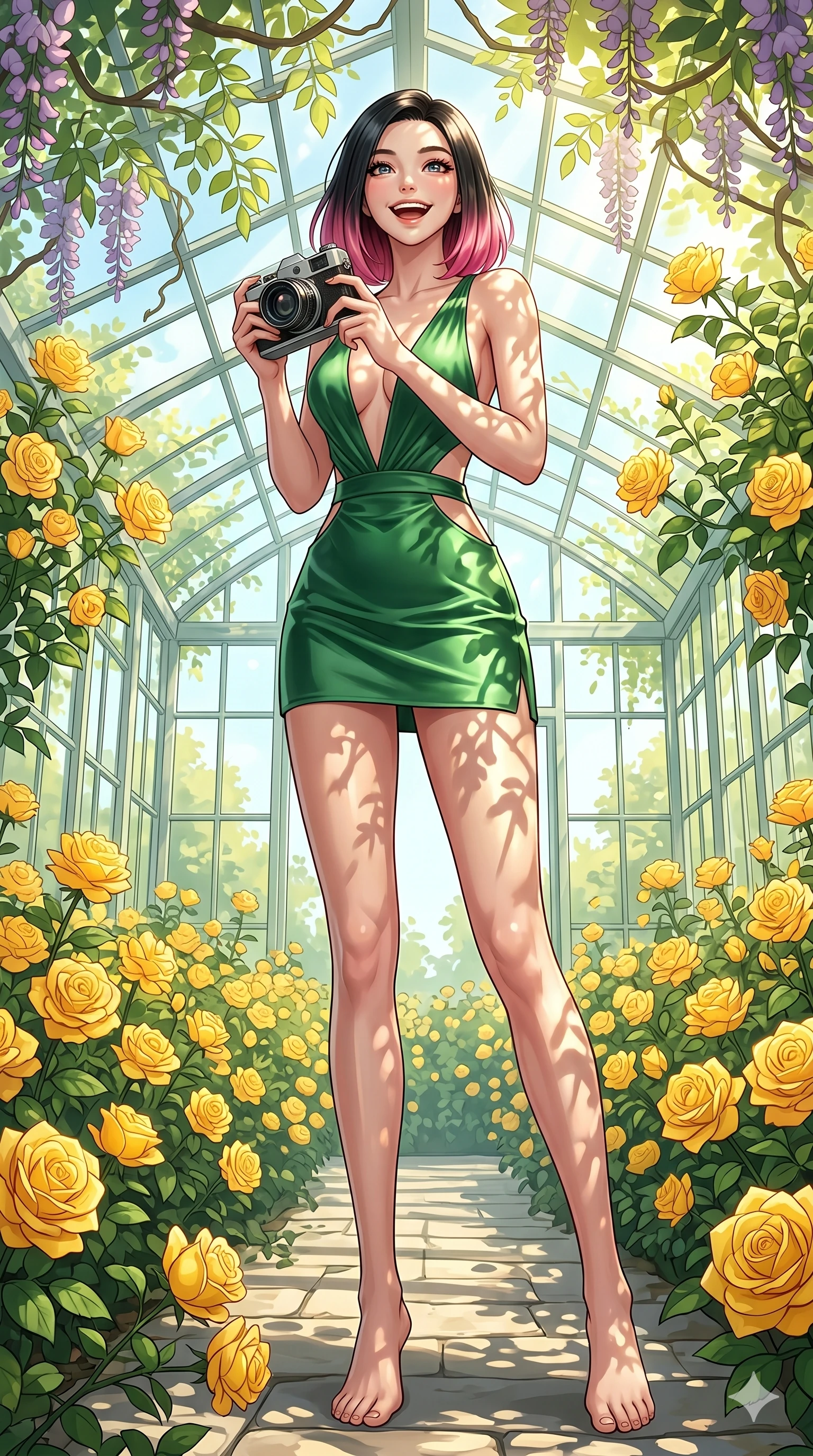 score_9, masterpiece, best quality, ultra-detailed, high-budget anime keyframe, vibrant anime aesthetic, Korean woman. low angle full-body shot from head to toe showing her feet, filling the entire 9:16 vertical frame with her statuesque presence, stretching her vertical silhouette. She is holding a camera with a bright grin, looking up with a joyful expression inside a bright glass greenhouse filled with blooming yellow roses (Code-P20-045). She has an absolutely perfect 8-heads proportion, an exceptionally tall and slender female figure with impossibly long slender legs and an ultra-slim waist. V-shaped jawline, high-bridge nose, intricate jewel-like eyes with depth, thick eyelashes, glossy lips with a natural sheen. wearing a plunging neckline mini dress with side cutouts in green satin. She is bathed in dappled sunlight filtering through wisteria leaves, creating organic shadows. 2k, ultra detail, master piece, 9:16 ratio