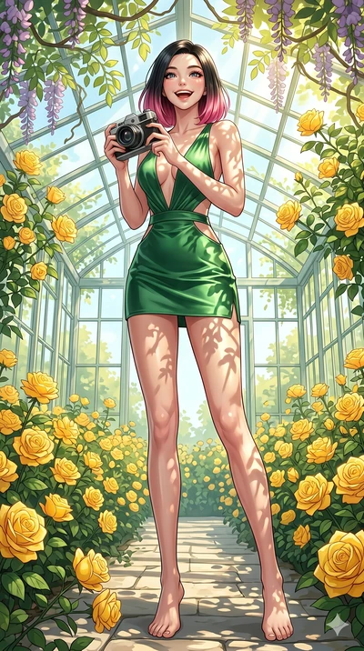 score_9, masterpiece, best quality, ultra-detailed, high-budget anime keyframe, vibrant anime aesthetic, Korean woman. low angle full-body shot from head to toe showing her feet, filling the entire 9:16 vertical frame with her statuesque presence, st