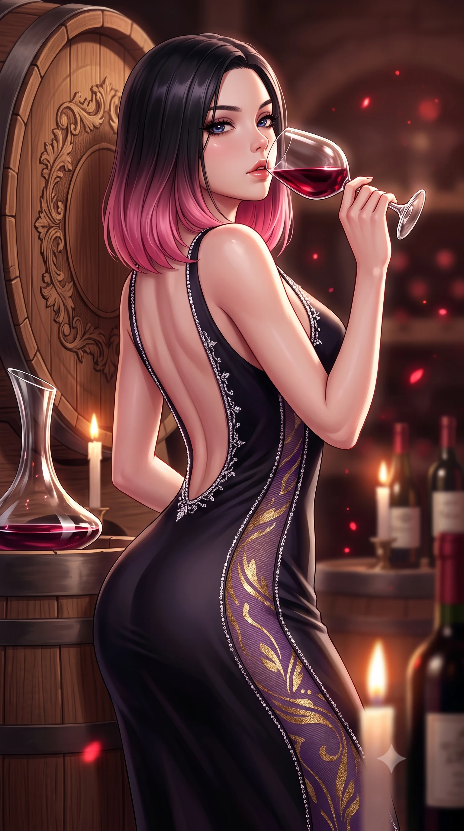 score_9, masterpiece, best quality, ultra-detailed, high-budget anime keyframe, semi-realistic 3D game render, editorial fashion photography, tasteful artistic composition, Korean woman. close-up cowboy shot from the waist and thighs up, the character dominates the composition, filling the frame with her large presence. twisting her slender torso in a deep contrapposto stance, hips dramatically shifted to accentuate her feminine curves while looking past her shoulder with smoldering bedroom-eyes while resting one hip against a massive carved oak wine barrel with lower back arched, raising a crystal goblet of deep red wine to her parted glossy lips while looking over her shoulder. The composition keeps background elements in soft focus with creamy bokeh. dancing candle flames and crystal wine decanter refractions scattering warm crimson light motes. She has an exceptionally elegant, slender, and willowy female figure with an ultra-slim waist, a gracefully sculpted slender torso, toned flat midriff, and rounded feminine hips creating an alluring hourglass silhouette. sharp v-shaped jawline, high-bridge nose, intricate jewel-like eyes with depth, thick eyelashes, glossy parted lips with a natural sheen, intensely captivating and seductive bedroom-eyes expression, flawlessly proportioned anatomical accuracy, strict slender model proportions, natural body alignment, perfectly sculpted long slender limbs, ultra-slim waistline, clean dynamic posture without body distortion. wearing a second-skin black silk jersey maxi dress with asymmetrical sheer mesh side panels tracing the full curve of her hip in royal plum violet and shimmering gold leaf, tailored from liquid silk jersey adhering flawlessly to her slender build, finished with delicate crystal frost embroidery tracing the plunging neckline, the precision-cut side openings and low-back scoop framing her graceful spine and the sensual sweep of her hips. illuminated by rich specular rim lights defining her razor-sharp jawline, narrow waist, and curvy hips. highly saturated vibrant anime colors, detailed shading with soft gradients, rich glossy textures, high-contrast stereoscopic depth, volumetric dynamic lighting, master piece, 9:16 ratio