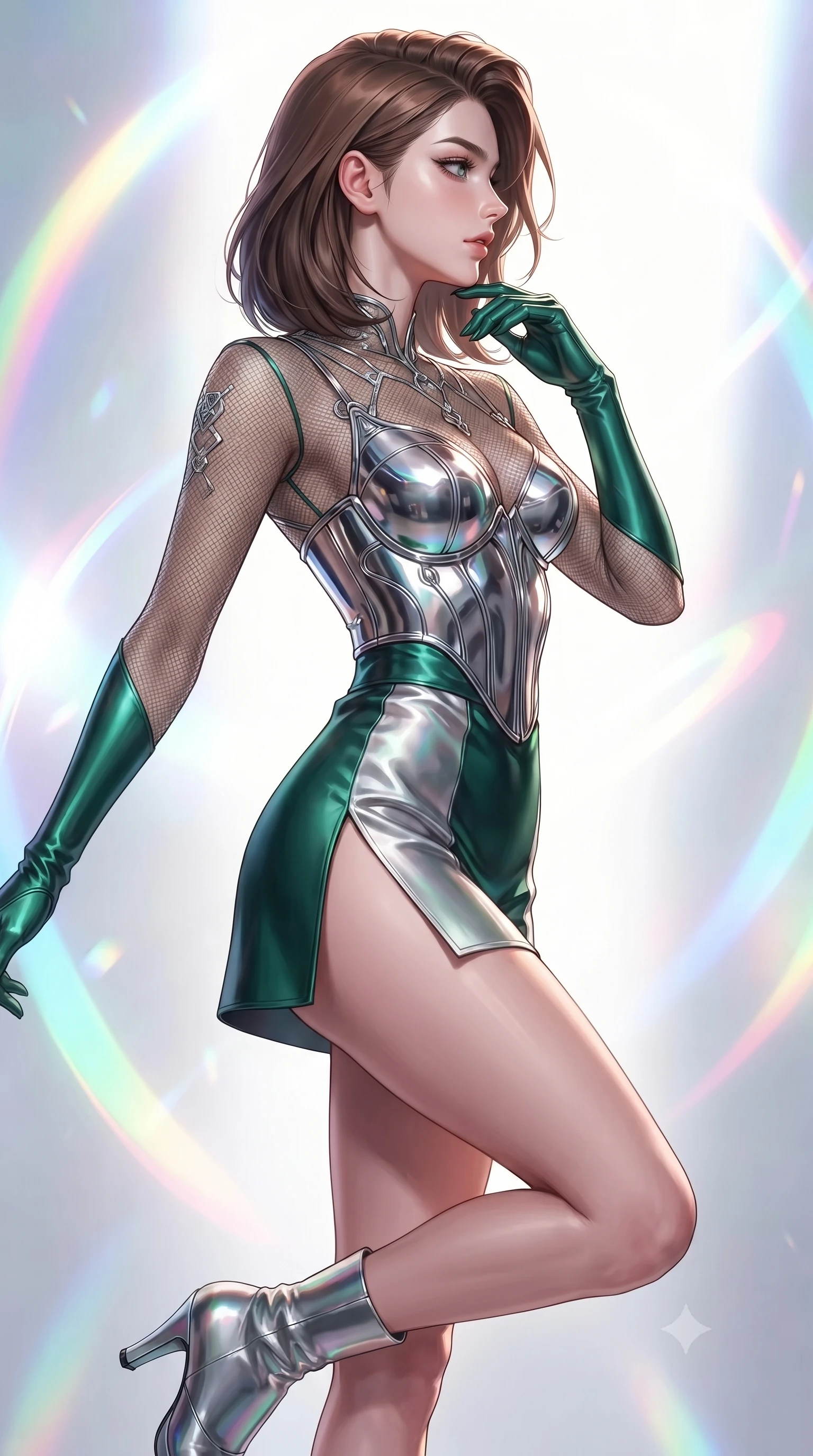 score_9, masterpiece, best quality, ultra-detailed, high-budget anime keyframe, editorial fashion photography, tasteful artistic composition, Korean woman. close-up cowboy shot from the waist and thighs up, the character dominates the composition, filling the frame with her large presence, background elements kept in soft focus. Turning her face in sharp dramatic profile against the bright light, showcasing her sharp v-shaped jawline poised before a giant holographic canvas emitting luminous color arcs, glowing neon brushstrokes floating poetically around her silhouette. She has an exceptionally elegant, slender, and willowy female figure with an ultra-slim waist, a gracefully sculpted slender torso, and a refined silhouette. sharp v-shaped jawline, high-bridge nose, intricate jewel-like eyes with depth, thick eyelashes, glossy lips with a natural sheen. wearing a chrome-plated structured bodice worn over a sheer mesh top and micro-shorts in deep emerald green and silver accent, crafted from smooth liquid silk, finished with a sleek side slit ascending to mid-thigh, the glove-like fit emphasizing her statuesque silhouette. drenched in bright white key light with colorful prismatic rim lighting. highly saturated vibrant anime colors, detailed shading with soft gradients, rich glossy textures, high-contrast stereoscopic depth, volumetric dynamic lighting, master piece, 9:16 ratio
