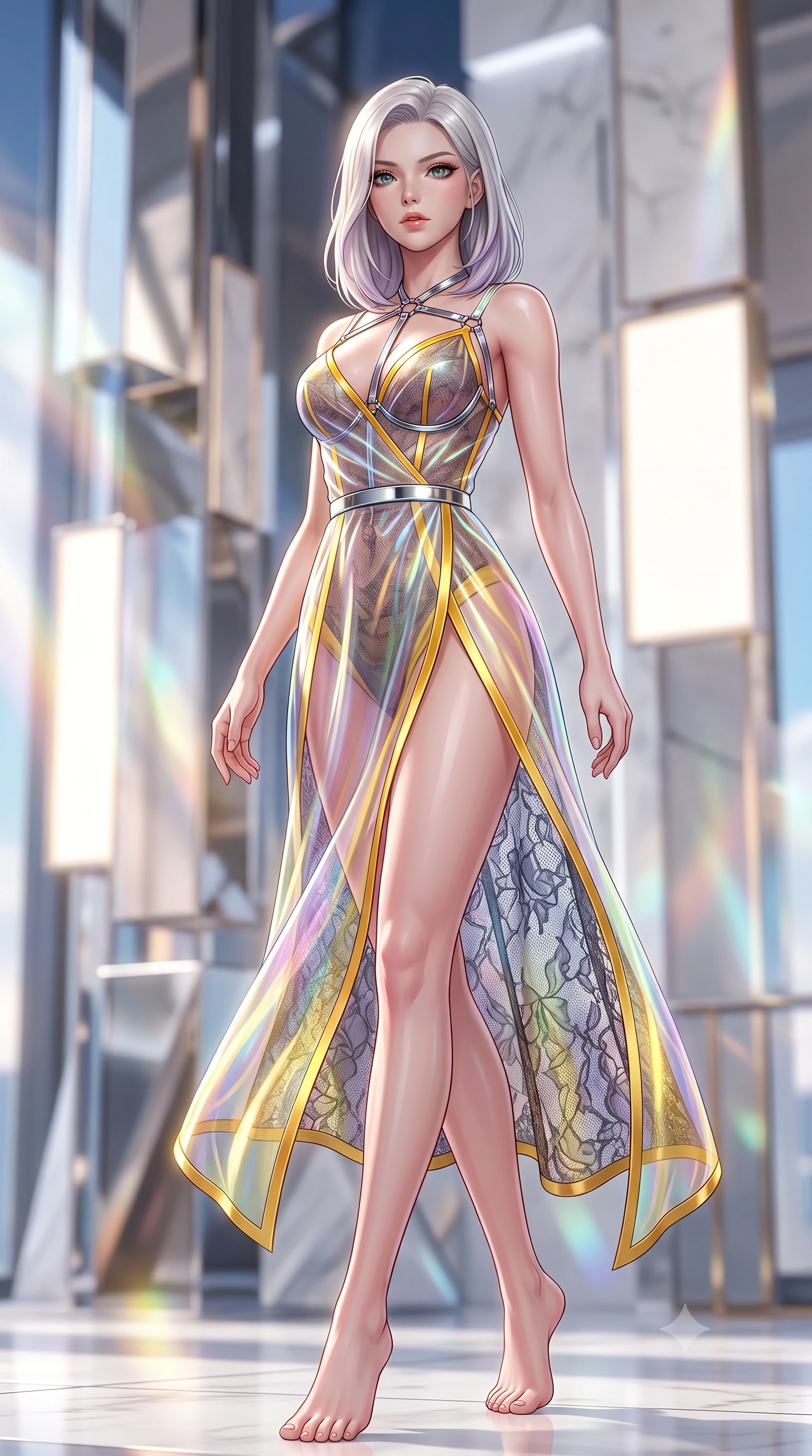 score_9, masterpiece, best quality, ultra-detailed, high-budget anime keyframe, semi-realistic 3D game render, editorial fashion photography, tasteful artistic composition, Caucasian woman. low angle full-body shot from head to toe showing her feet, filling the entire 9:16 vertical frame with her statuesque presence, stretching her vertical silhouette. pivoting dynamically in mid-motion with a breathtakingly alluring posture, displaying her flawless model proportions and ultra-slim waist while lounging seductively in a minimalist designer daybed framed by bright morning sunbeams and city sky views. The composition keeps background elements in soft focus with creamy bokeh. streaming daylight creating soft, glowing ambient refractions across the background. She has an absolutely perfect, statuesque 8.5-heads proportion, an exceptionally tall and slender model-like female figure with impossibly long slender legs, a toned flat midriff, and an ultra-slim waist. sharp v-shaped jawline, high-bridge nose, intricate jewel-like eyes with depth, thick eyelashes, glossy lips with a natural sheen, flawlessly proportioned anatomical accuracy, strict slender model proportions, natural body alignment, perfectly sculpted long slender limbs, ultra-slim waistline, clean dynamic posture without body distortion. wearing a translucent iridescent organza wrap dress with structured bustier boning, plunging neckline, and high-cut dual leg slits in vibrant sunburst canary yellow and gold trim, crafted from delicate dark lace interwoven with luminescent micro-fibers, reinforced by a sleek metallic chrome harness and delicate glowing micro-straps, the form-contouring material adhering flawlessly to her sculpted flat midriff and slender torso, emphasizing her long leg lines and perfectly proportioned willowy build. illuminated by crisp white studio key light with specular chrome and marble reflections. highly saturated vibrant anime colors, detailed shading with soft gradients, rich glossy textures, high-contrast stereoscopic depth, volumetric dynamic lighting, master piece, 9:16 ratio
