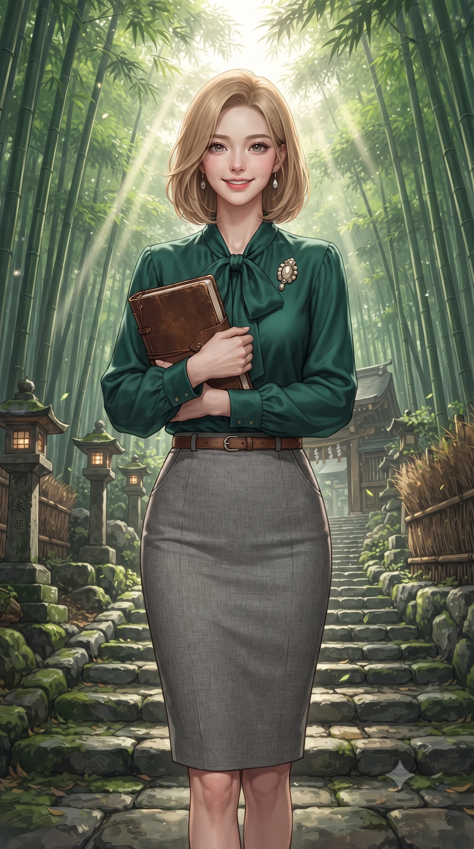 score_9, masterpiece, best quality, ultra-detailed, high-budget anime keyframe, editorial fashion photography, tasteful artistic composition, Korean woman. close-up cowboy shot from the waist and thighs up, the character dominates the composition, filling the frame with her large presence. holding a leather notebook close to her chest with both arms, smiling delightfully with youthful scholarly grace while walking slowly beneath the towering bamboo canopy, listening to the gentle rustling leaves with peaceful aristocratic grace. The surrounding environment is rendered in vivid detail and crisp panoramic clarity: detailed stand-collar wool jacket tailoring, minimalist button placket, and historic Kyoto trail craft in high resolution. She has an exceptionally elegant, slender, and willowy female figure with an ultra-slim waist, flat toned midriff, narrow ribcage, and sculpted feminine hips creating an alluring, slim hourglass silhouette without bulk. sharp v-shaped jawline, high-bridge nose, intricate jewel-like sparkling eyes with depth, thick eyelashes, glossy parted lips with a natural peach sheen, bright cheerful beaming smile with an enchanting and coquettish sensual glint, exuding both youthful cute charm and seductive allure, flawlessly proportioned anatomical accuracy, strict slender model proportions, natural body alignment, perfectly sculpted long slender limbs, ultra-slim waistline, clean dynamic posture without body distortion. wearing a fluid silk crepe pussy-bow blouse paired with a high-waisted tailored pencil midi skirt and slim leather belt in St. Moritz pine forest emerald and heather grey, crafted from fluid mulberry silk twill with an understated lustrous pearl finish, complemented by an antique baroque pearl brooch pinned tastefully on the lapel, the streamlined silhouette following her natural slender proportions with sophisticated poise, enhancing her tall willowy presence. bathed in ethereal shafts of morning sunlight (komorebi) piercing through dense emerald bamboo canopies. ultra-reflective glossy finish, specular highlights, rich textural contrasts, high-contrast stereoscopic depth, volumetric dynamic lighting, 2k, ultra detail, master piece, 9:16 ratio
