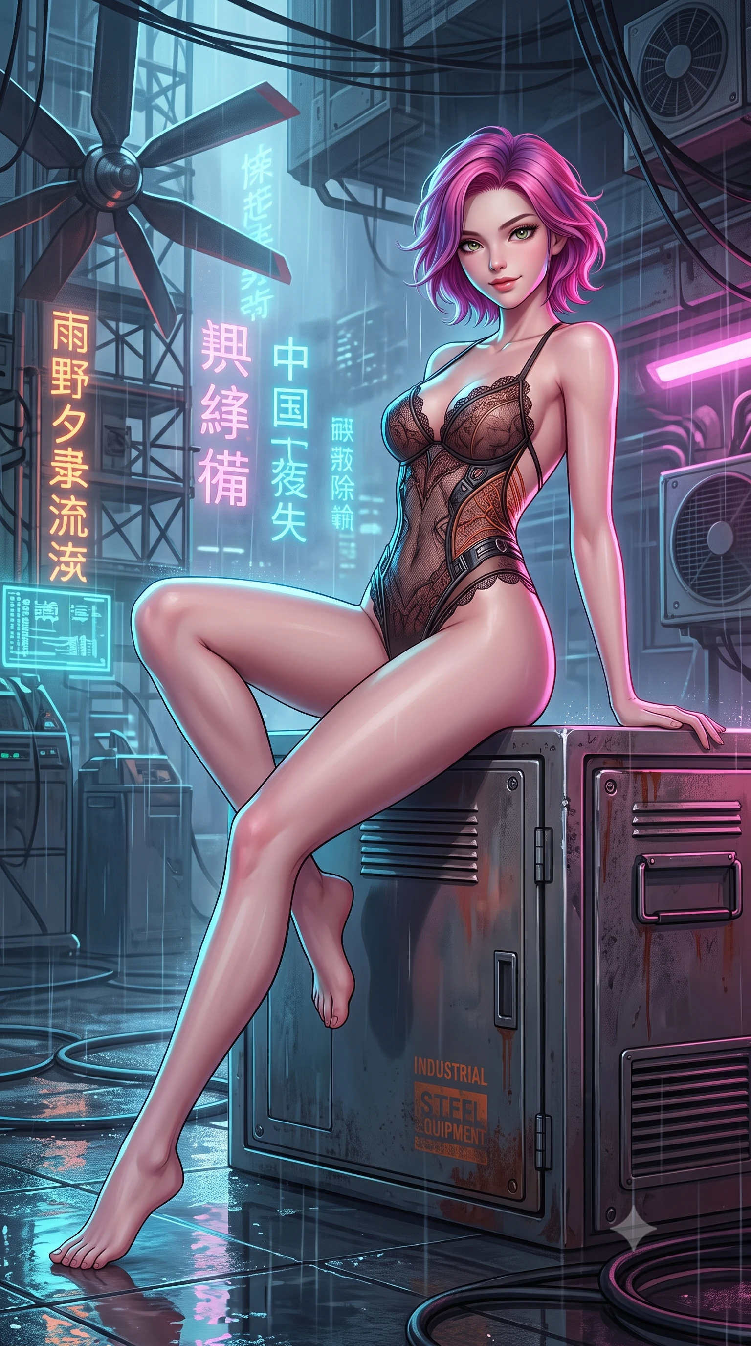 score_9, masterpiece, best quality, ultra-detailed, high-budget anime keyframe, semi-realistic 3D game render, editorial fashion photography, tasteful artistic composition, Caucasian woman. close-up cowboy shot from the waist and thighs up, the character dominates the composition, filling the frame with her large presence. perched sideways on the lounge seat, one knee drawn up to showcase her slender leg line while her arched back accentuates her feminine hip curve while lounging gracefully on the heated steel equipment locker with legs extended, displaying her long slender legs and statuesque hourglass silhouette amid rain-slicked neon. The surrounding environment is rendered in vivid detail and crisp panoramic clarity: sharp wet carbon floor reflections, intricate holographic Japanese and Chinese calligraphy, and razor-sharp VTOL turbine blade textures in deep focus. She has an exceptionally elegant, slender, and willowy female figure with an ultra-slim waist, flat toned midriff, narrow ribcage, and sculpted feminine hips creating an alluring, slim hourglass silhouette without bulk. sharp v-shaped jawline, high-bridge nose, intricate jewel-like sparkling eyes with depth, thick eyelashes, glossy parted lips with a natural peach sheen, bright cheerful beaming smile with an enchanting and coquettish sensual glint, exuding both youthful cute charm and seductive allure, flawlessly proportioned anatomical accuracy, strict slender model proportions, natural body alignment, perfectly sculpted long slender limbs, ultra-slim waistline, clean dynamic posture without body distortion. wearing an alluring backless sheer lace combat leotard with high-cut leg openings and delicate fiber-optic embroidery framing her spine in Martian desert terracotta and dust-storm gold, woven from buttery-soft stretch lambskin leather adhering to her body like a second skin, finished with scalloped eyelash lace trim framing her sweetheart neckline with intimate elegance, the second-skin tailored fabric adhering flawlessly to her sculpted flat midriff and slender torso, emphasizing her long leg lines and perfectly proportioned willowy build. illuminated by wet pavement reflection bounce and sharp laser-cyan rim lights defining her jawline, narrow waist, and curvy hips. highly saturated vibrant anime colors, detailed shading with soft gradients, rich glossy textures, high-contrast stereoscopic depth, volumetric dynamic lighting, master piece, 9:16 ratio
