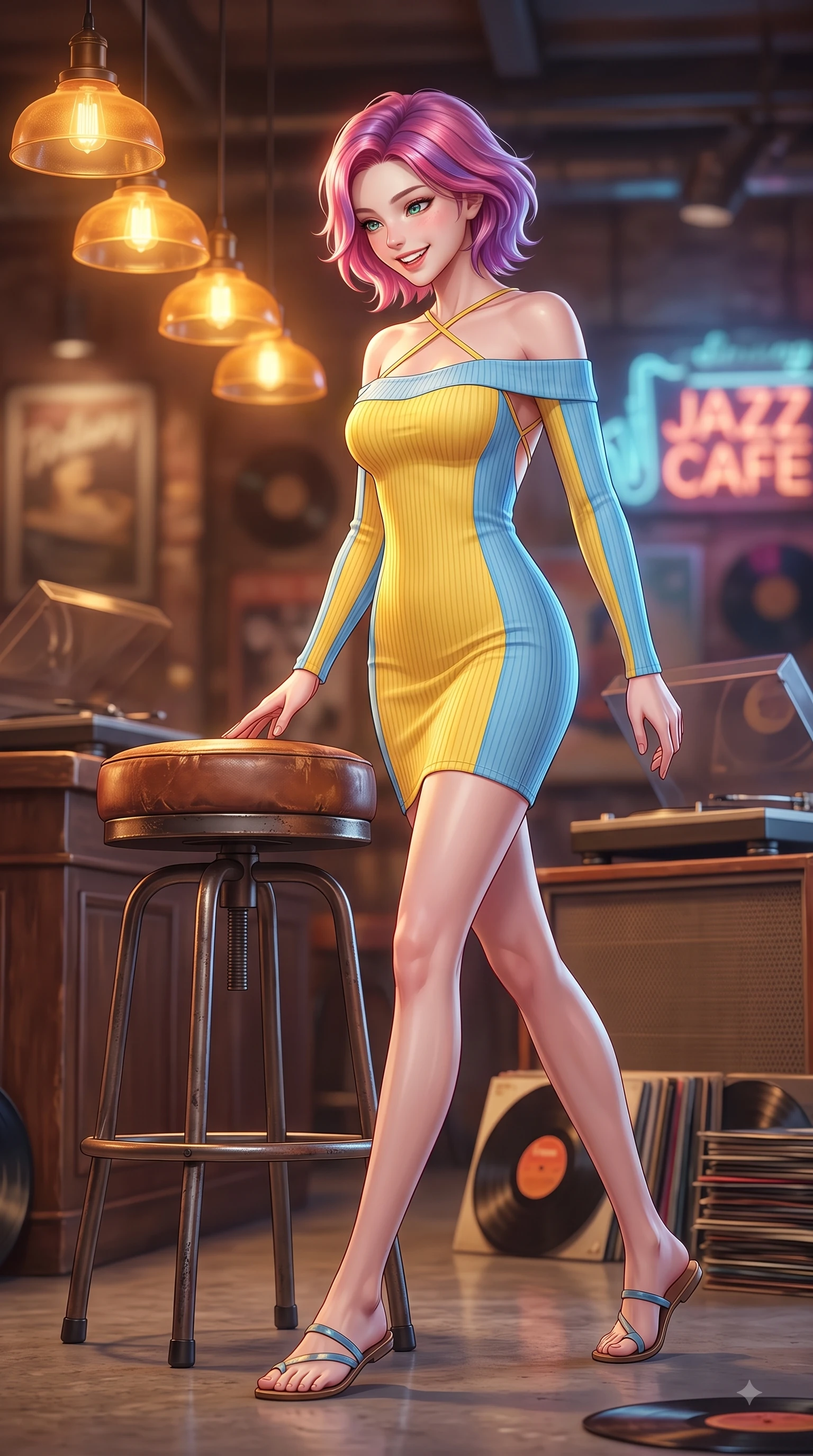 score_9, masterpiece, best quality, ultra-detailed, high-budget anime keyframe, editorial fashion photography, tasteful artistic composition, Caucasian woman. low angle full-body shot from head to toe showing her feet, filling the entire 9:16 vertical frame with her statuesque presence, stretching her vertical silhouette. stepping forward gracefully in mid-motion with a delighted cute expression, displaying her statuesque model proportions while resting on a leather stool under warm amber lamps with a cozy, happy expression. The composition keeps background elements in soft focus with dreamy bokeh. turntables and neon music signs softened by gentle warm depth of field. She has an absolutely perfect, statuesque 8.5-heads proportion, an exceptionally tall and slender model-like female figure with impossibly long slender legs and an ultra-slim waist. sharp v-shaped jawline, high-bridge nose, intricate jewel-like eyes with depth, thick eyelashes, glossy lips with a natural sheen, flawlessly proportioned anatomical accuracy, natural body alignment, perfectly sculpted elegant limbs, clean dynamic posture without body distortion. wearing a sleek off-shoulder ribbed knit dress accentuating her graceful collarbones and slender waist in sunny canary yellow and clear sky blue, made of premium stretch jersey that follows her curves like a glove, finished with delicate criss-cross back straps highlighting her bare shoulders, the sleek second-skin texture accentuating her magnetic presence. surrounded by a nostalgic, warm, and intimate retro music atmosphere. highly saturated vibrant anime colors, detailed shading with soft gradients, rich glossy textures, high-contrast stereoscopic depth, volumetric dynamic lighting, master piece, 9:16 ratio