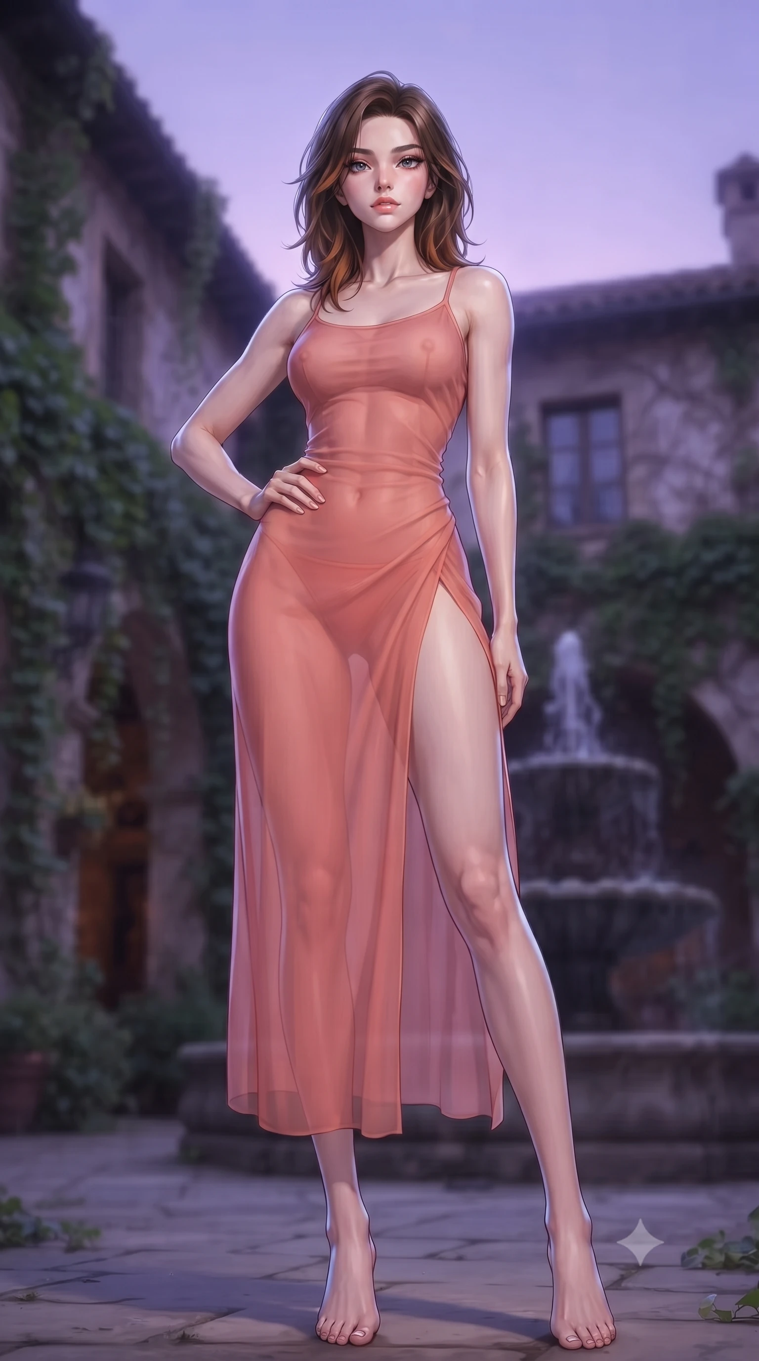score_9, masterpiece, best quality, ultra-detailed, high-budget anime keyframe, editorial fashion photography, tasteful artistic composition, Korean woman. low angle full-body shot from head to toe showing her feet, filling the entire 9:16 vertical frame with her statuesque presence, stretching her vertical silhouette. posing confidently with one hand on her hip, stretching her statuesque body to emphasize her curves the background shows a soft-focus an old courtyard with ivy-covered stone walls and a silent water fountain at dusk. She has an absolutely perfect, statuesque 8.5-heads proportion, an exceptionally tall and slender model-like female figure with impossibly long slender legs and an ultra-slim waist. sharp v-shaped jawline, high-bridge nose, intricate jewel-like eyes with depth, thick eyelashes, glossy lips with a natural sheen. wearing a slim-fit high-slit sheer chiffon resort dress in soft coral, revealing the contours of her athletic build through the fabric. soft purple twilight sky glow casting cool highlights on her form. ultra-reflective glossy finish, specular highlights, metallic sheen, high-contrast stereoscopic depth, volumetric dynamic lighting, 2k, ultra detail, master piece, 9:16 ratio